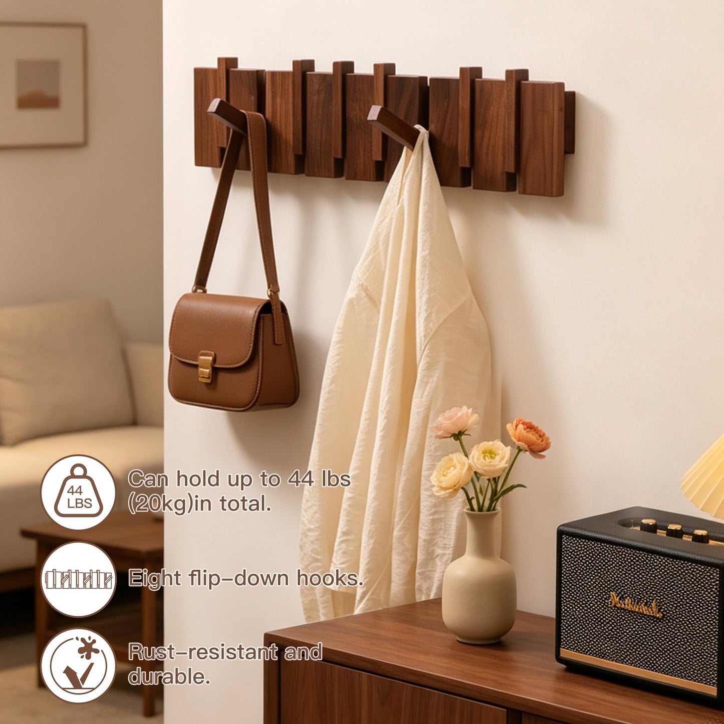 QUELLANCE Wood Coat Rack Wall Mount, Coat Hooks Hanger Wall Mounted, Heavy Duty Wall Coat Rack with