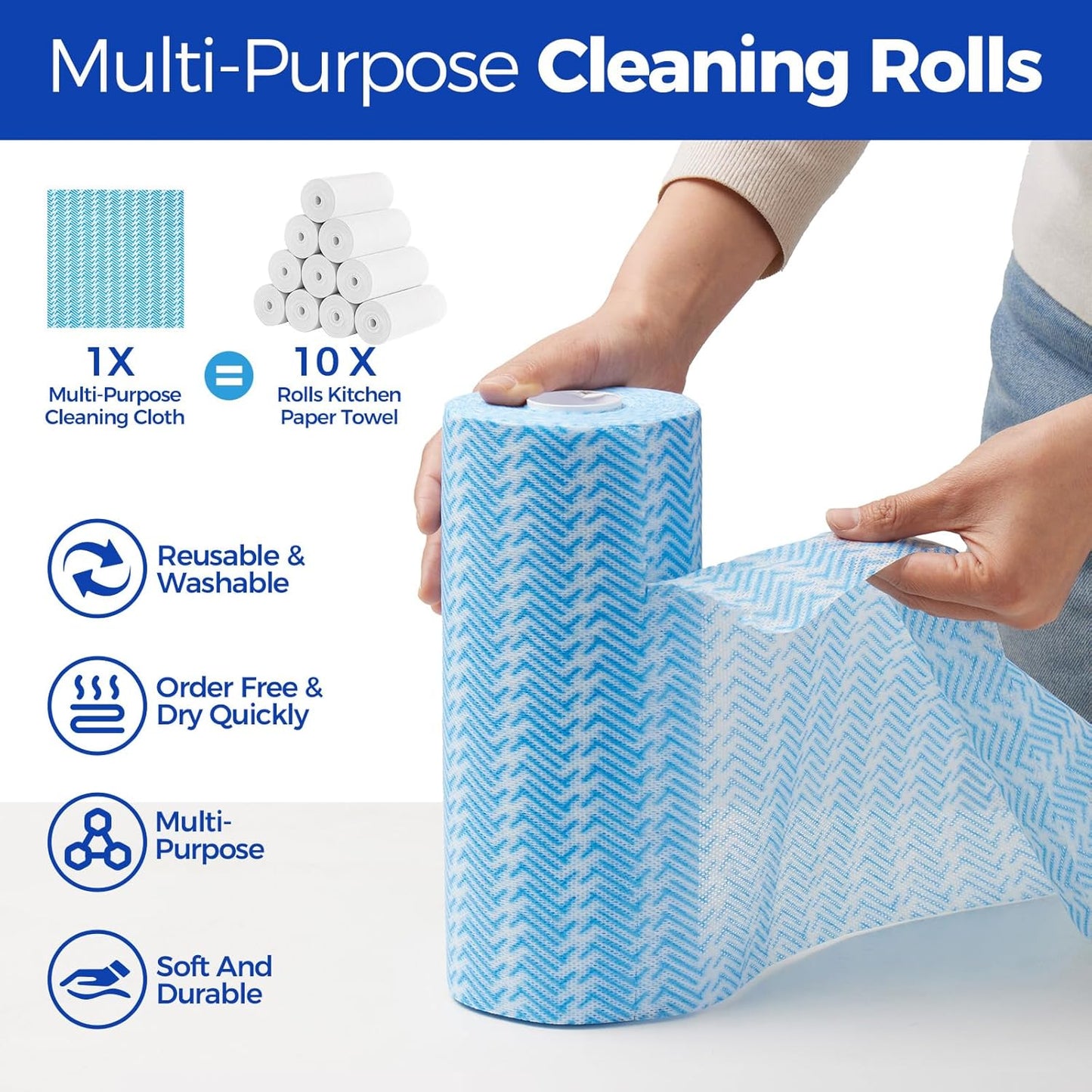 Disposable Cleaning Rolls Handi Wipes Reusable Cleaning Cloths Reusable Dry Kitchen Towels Dish Cloths Dish Towels 2 Roll, Total 200 Pcs, Blue