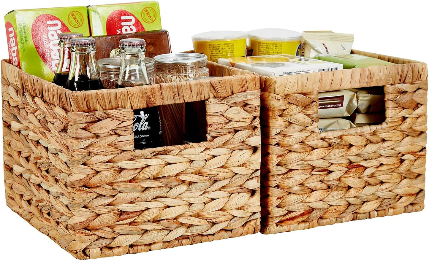 Water Hyacinth Wicker Basket, Decorative Woven Baskets with Built-in Handles, Hand-woven Storage Organizer for Organizing Pantry, Livingroom, Bedroom, Shelves, Toilet(2-PACK, Natural)
