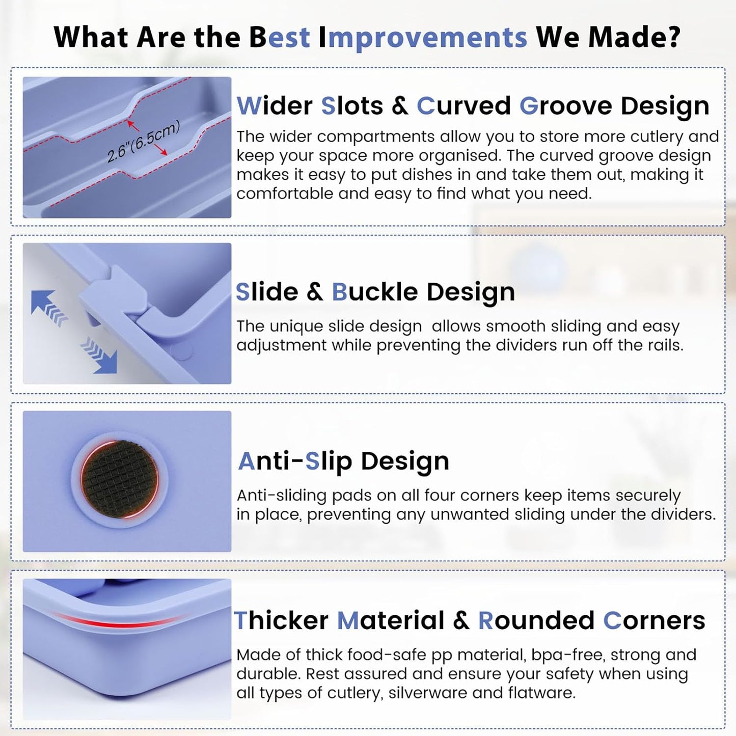 Caperci Large Silverware Organizer for Kitchen Drawer & Utensils - Expandable Drawer Organizer for Cutlery, Flatware & Gadget, BPA-Free Thick Plastic, Wider Compartments & Non-skid Feet (Breezy Blue)