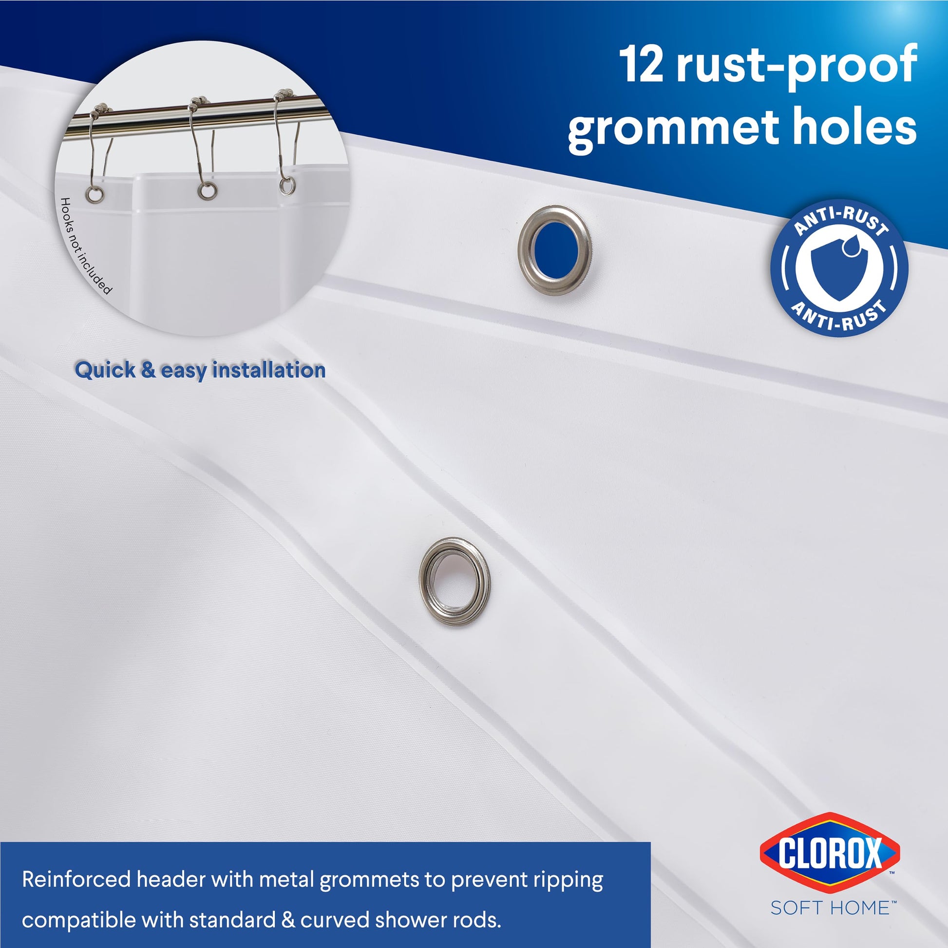 Clorox Shower Curtain Liner, Premium Medium-Weight Durable Waterproof 6g PEVA for Bathroom with