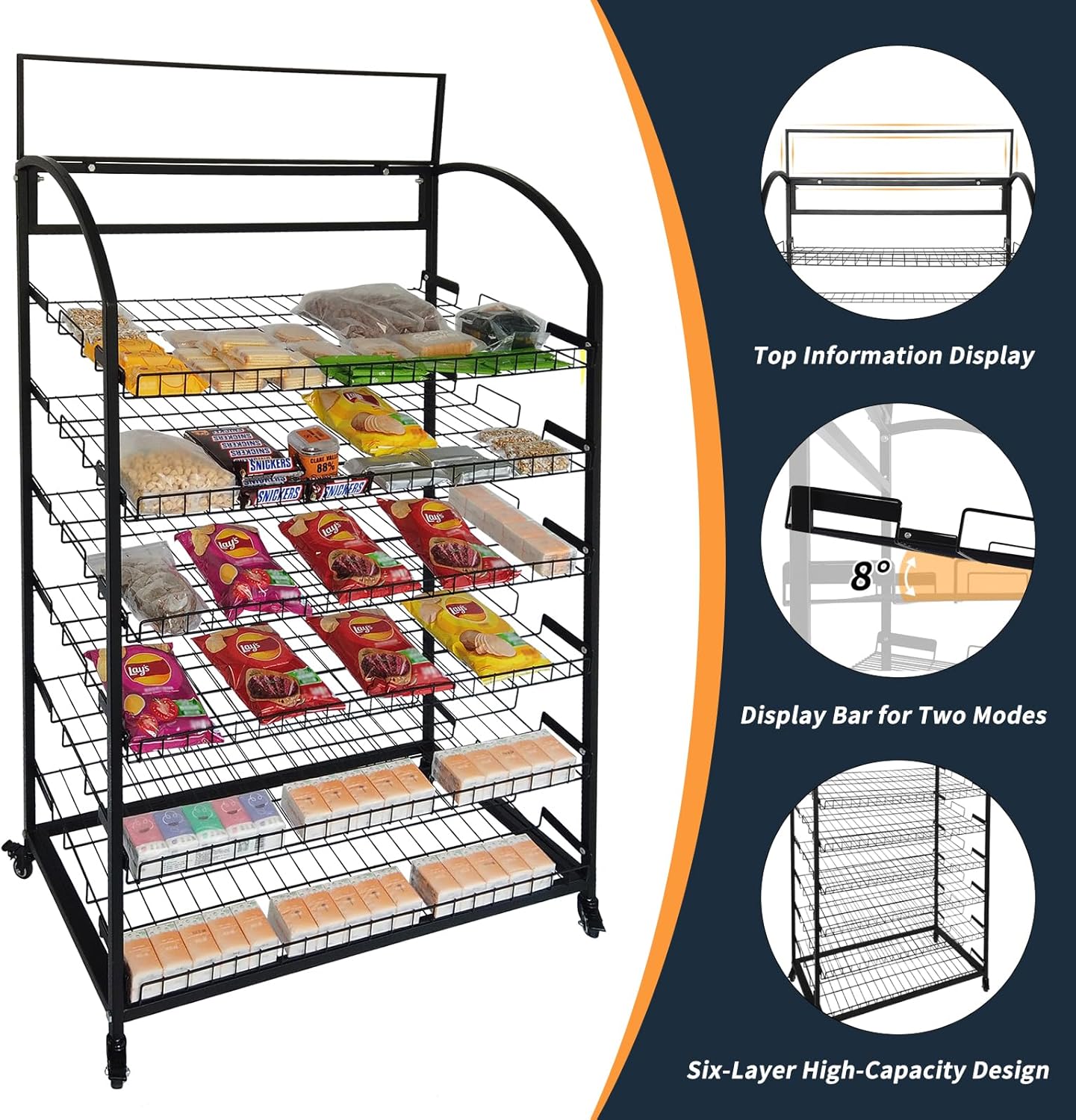 Tongmo Bakery Display Rack: Equipped with Wheels and Header Holder, 39.5" Wide Potato Chip Display Rack, 6 Shelves Snack Rack Display.(39.5", 6-Shelves, Black)