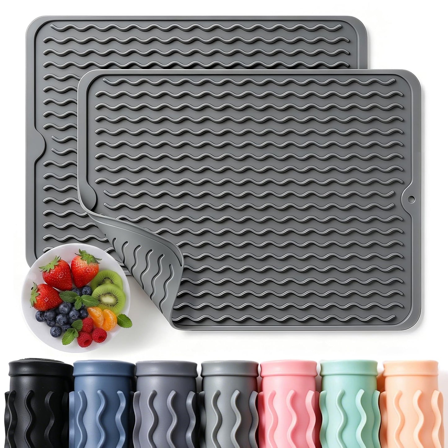 2 Pack Caketime Silicone Dish Drying Mat for Kitchen Counter Heat Resistant Under Sink Waterproof