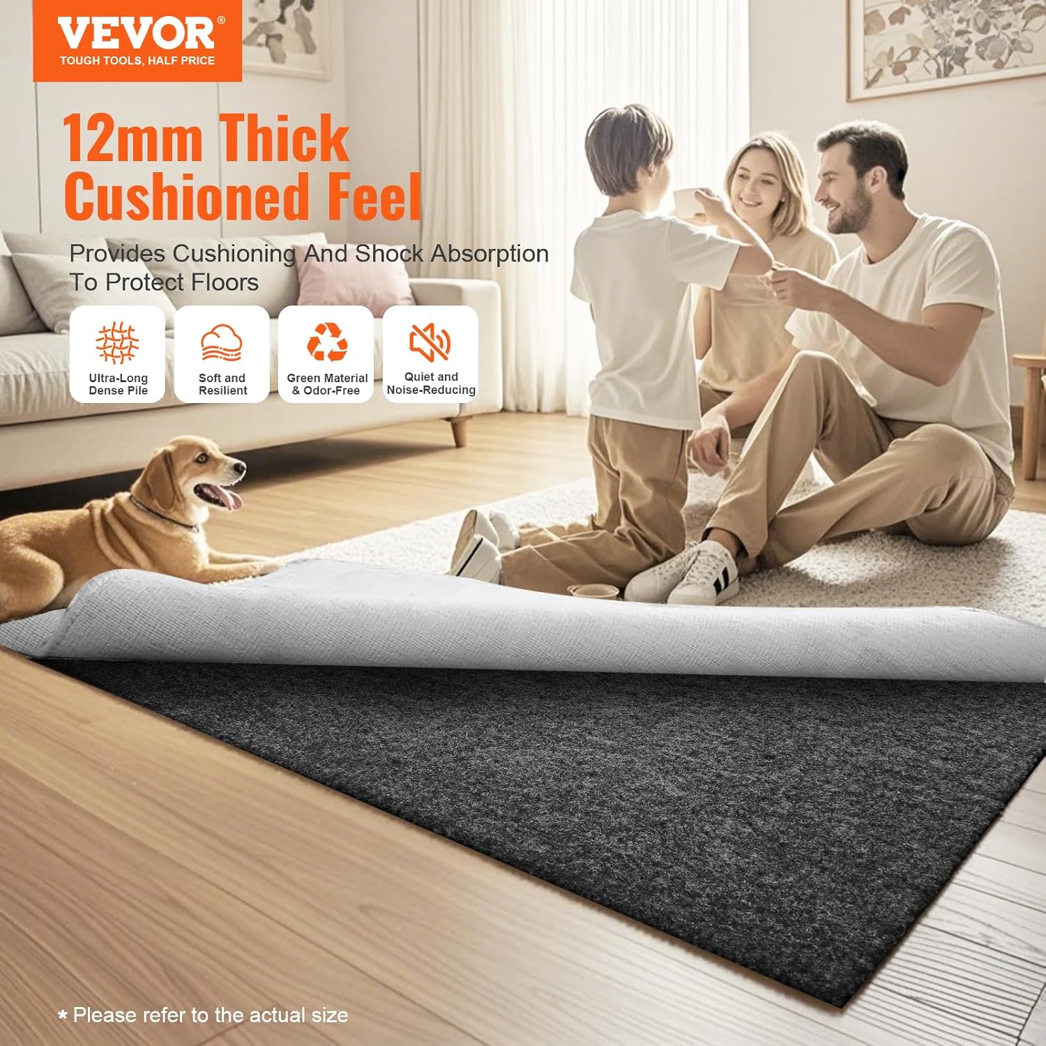 VEVOR Non-Slip Resistant Rug Pad, Protective Cushioning Carpet Pad, 2'x8' (7.875' Actual), 1/4"