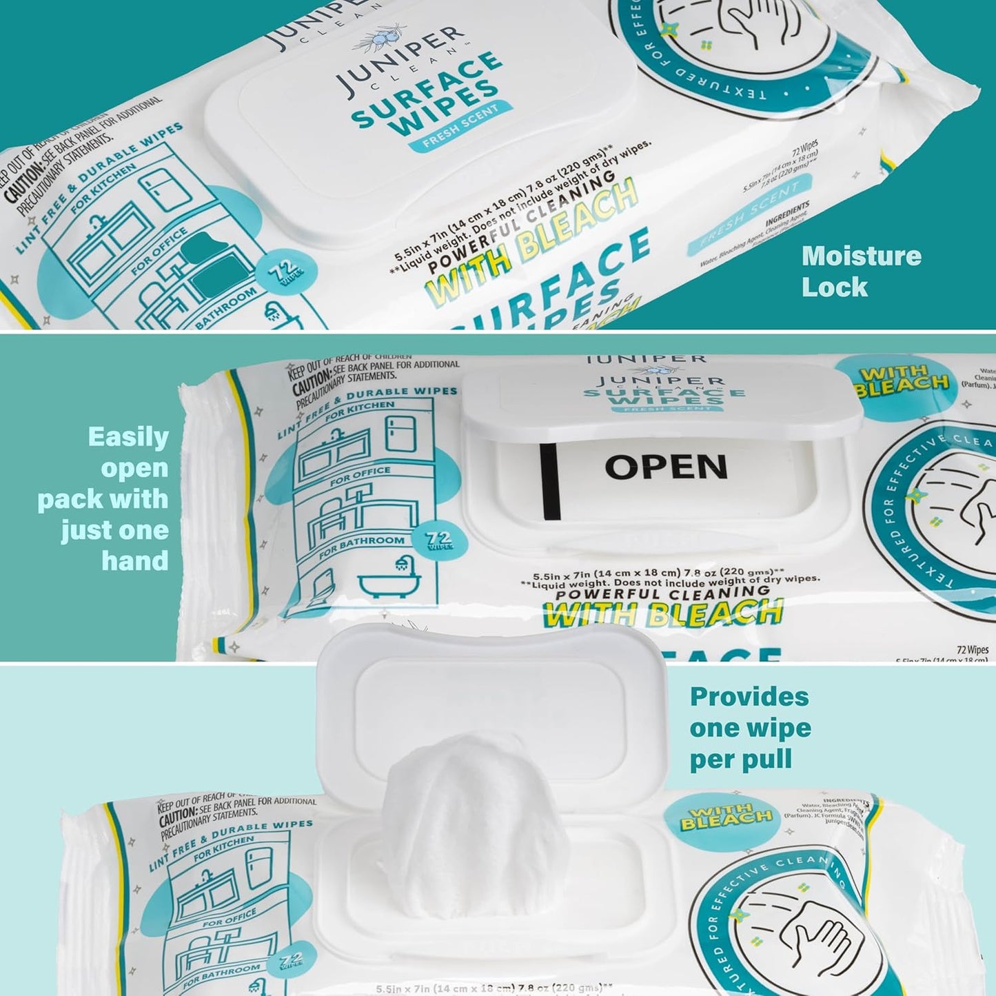 24 Pack Surface Cleaning Wipes with Bleach, All-Purpose Cleaner for Bathroom, Kitchen, Office, 1728 Count Soft Flow, Fresh Scent, Lint Free & Durable