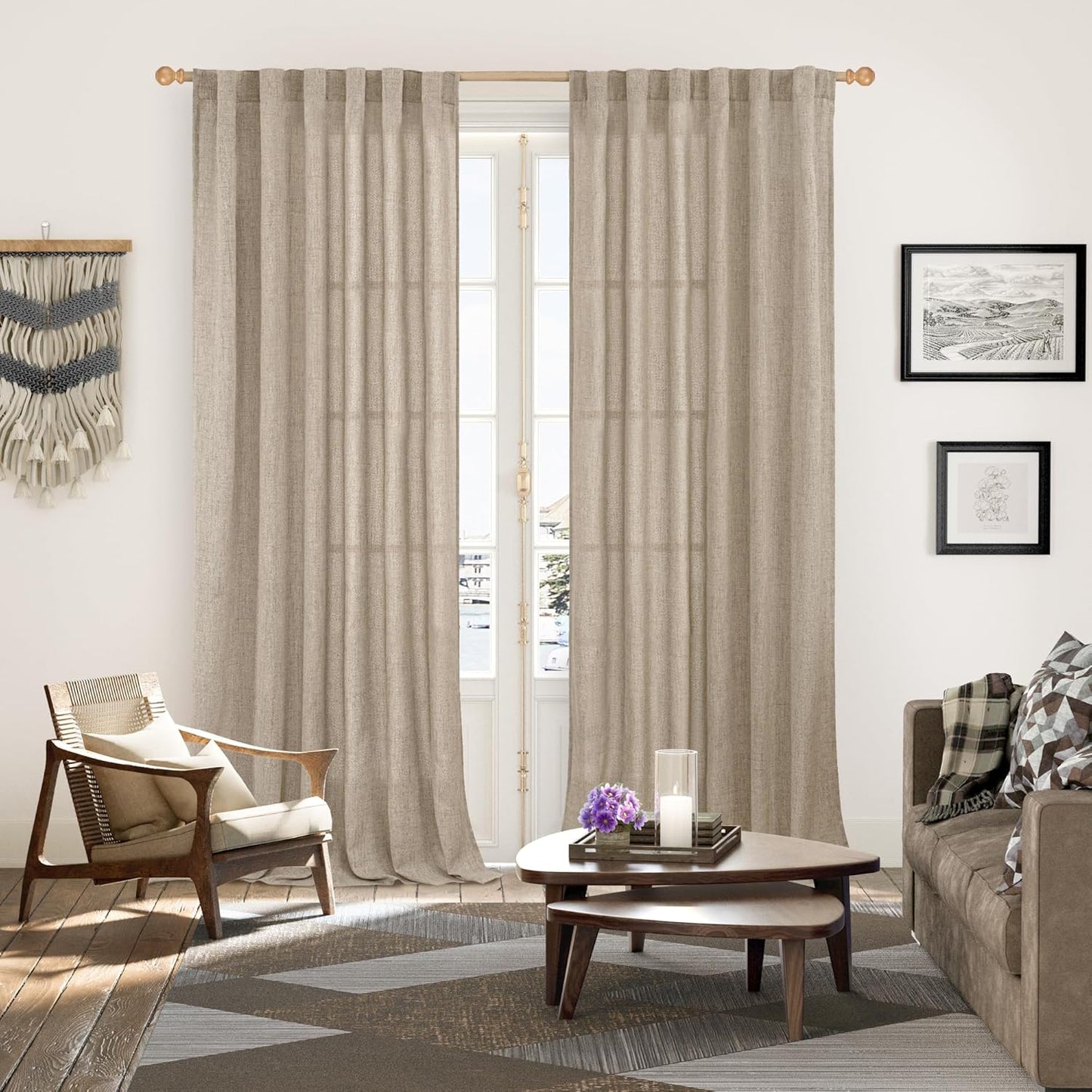 YoungsTex Dark Oatmeal Linen Curtains 102 Inch Length for Living Room, Long Semi Sheer Drapes with Rod Pocket Back Tab Light Filtering for Office Dining Bedroom, 2 Panels, 52 X 102 Inch