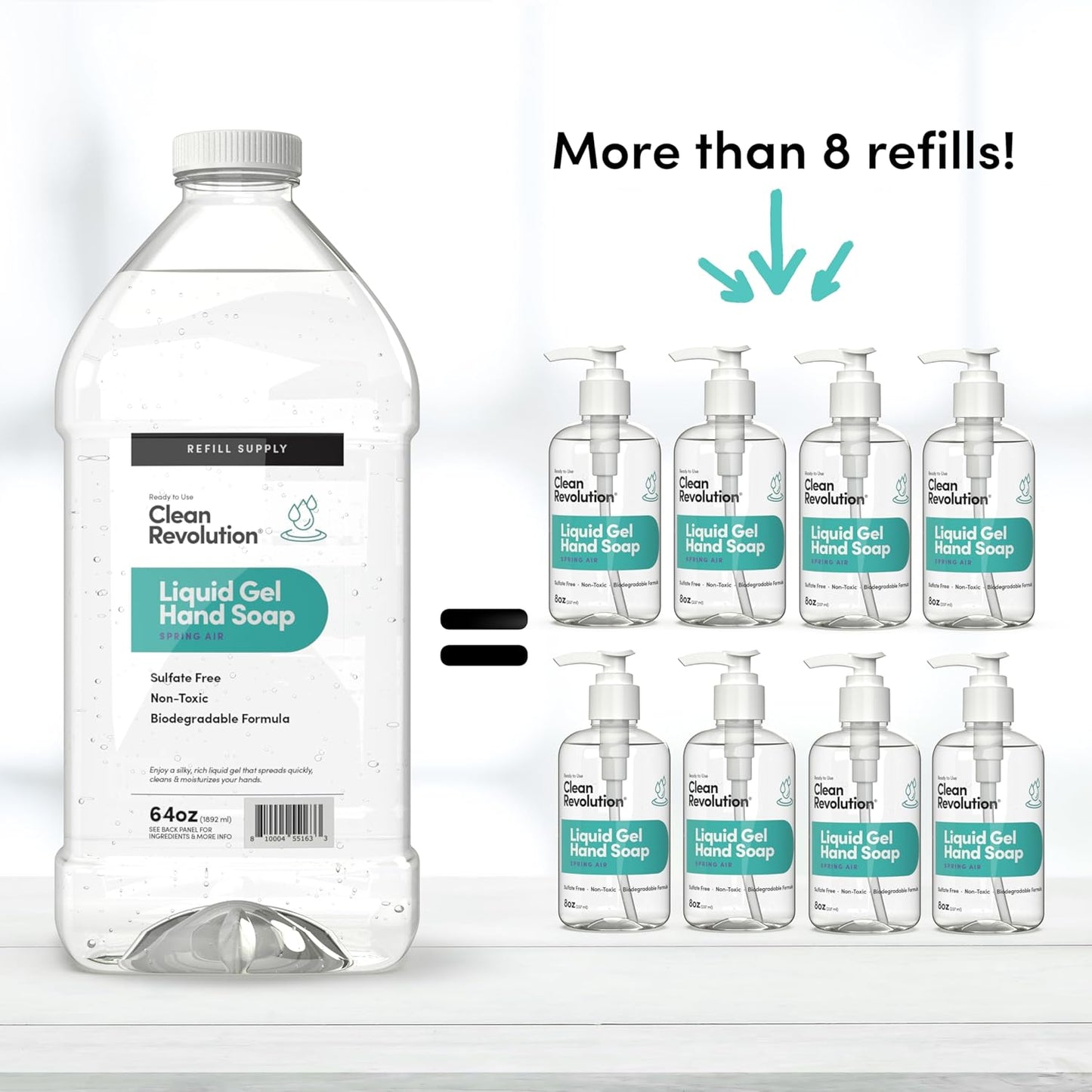 Clean Revolution Liquid Gel Hand Soap, Silky Rich Liquid, Quick Lather, Fast Rinsing, Contains Real Essential Oils (Spring Air) 64 Fl Oz