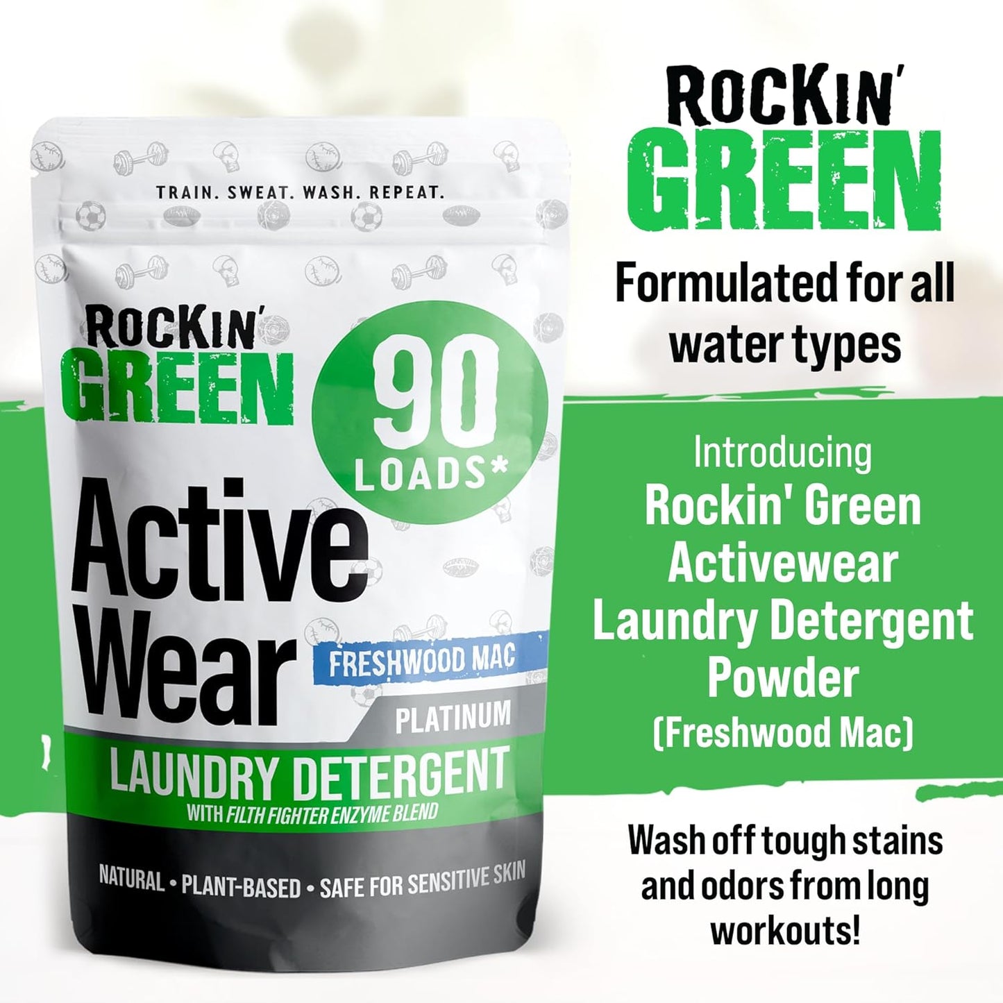 Rockin' Green Laundry Detergent, Plant based, All Natural Laundry Detergent Powder, Vegan and Biodegradable Odor Fighter, Safe for Sensitive Skin (Active Wear 90 Loads - Freshwood Mac)