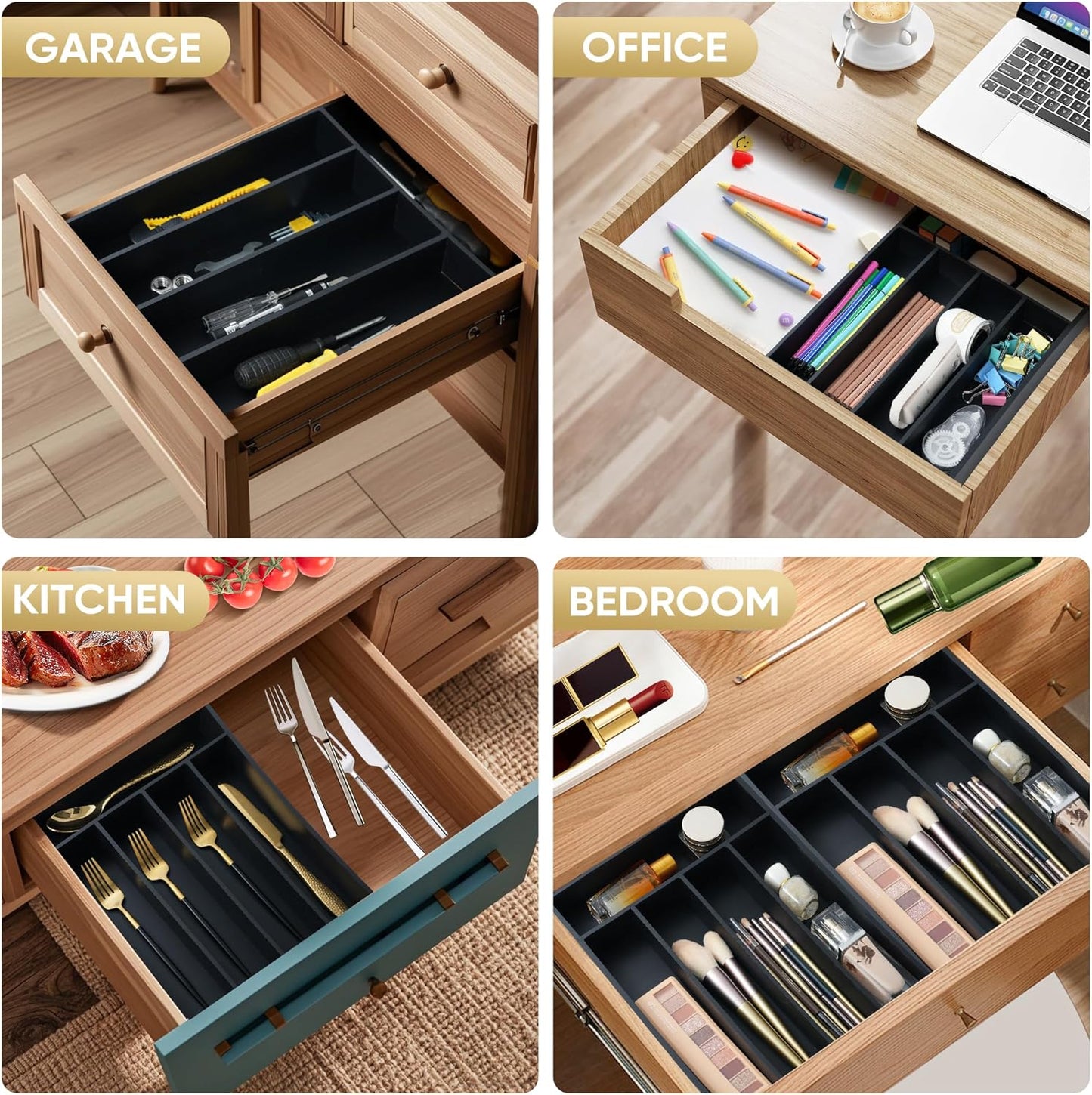 Silverware Organizer, 2 Pack 10 Inch Utensil Organizer Kitchen Drawer Organizer Bamboo Silverware Holder Cutlery Tray Organizer in Drawer Flatware Organizer Tray(5 slots, Black）