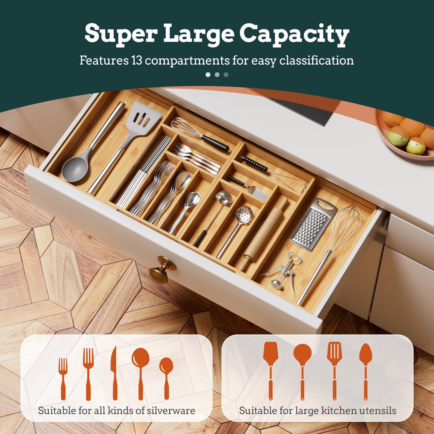 Silverware Organizer Large, Magnetic Connected Expandable 13 Slots Silverware Drawer Organizer From