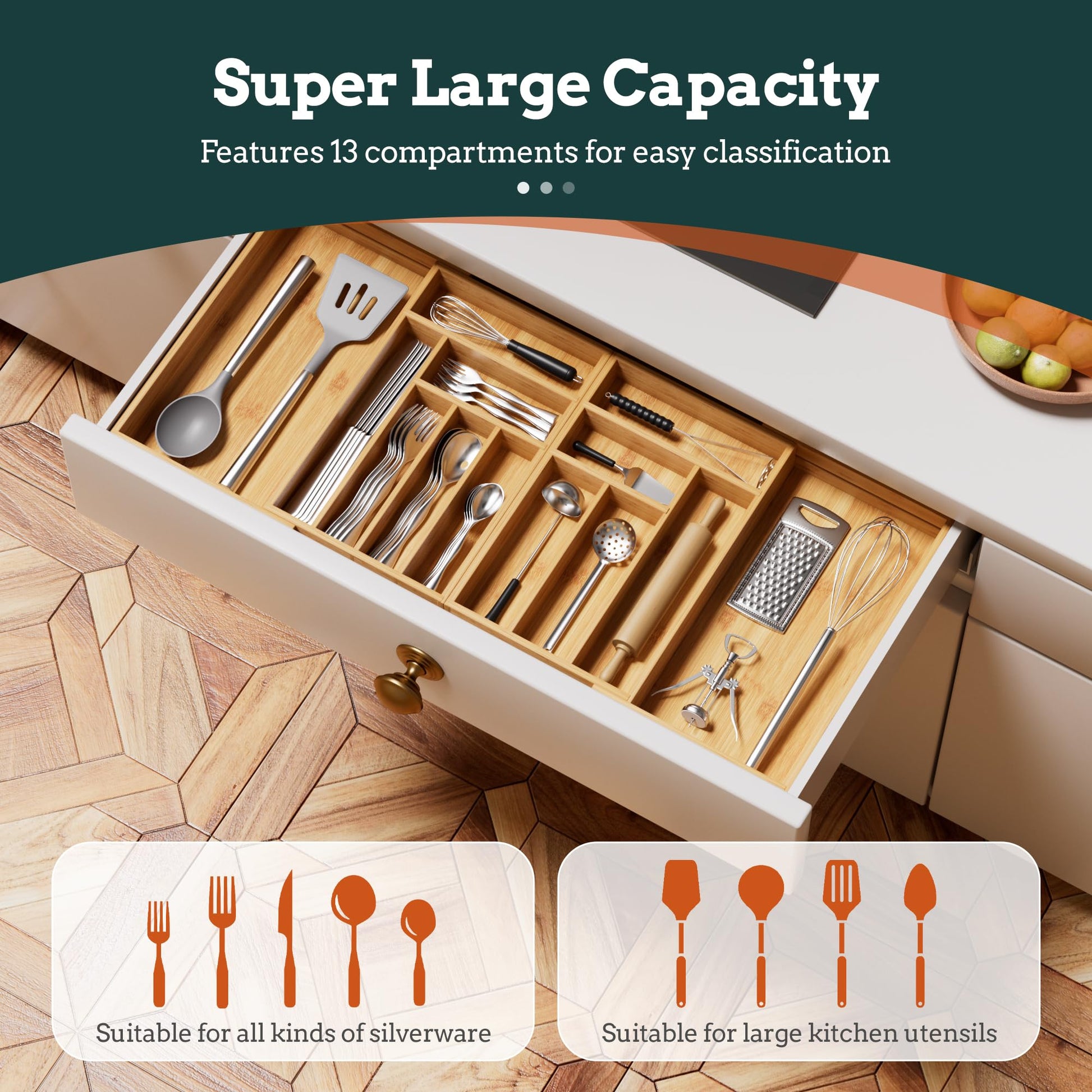 Silverware Organizer Large, Magnetic Connected Expandable 13 Slots Silverware Drawer Organizer From