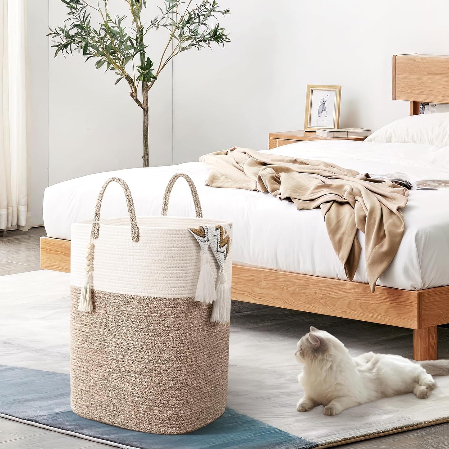 Woven Laundry Basket for Clothes, 80L Large Rectangle Laundry Hampers with Beads Tassel, Nursery Storage Basket for Toys, Tall Dirty Clothes Hamper for Bedroom Aesthetic, Laundry Room Organization