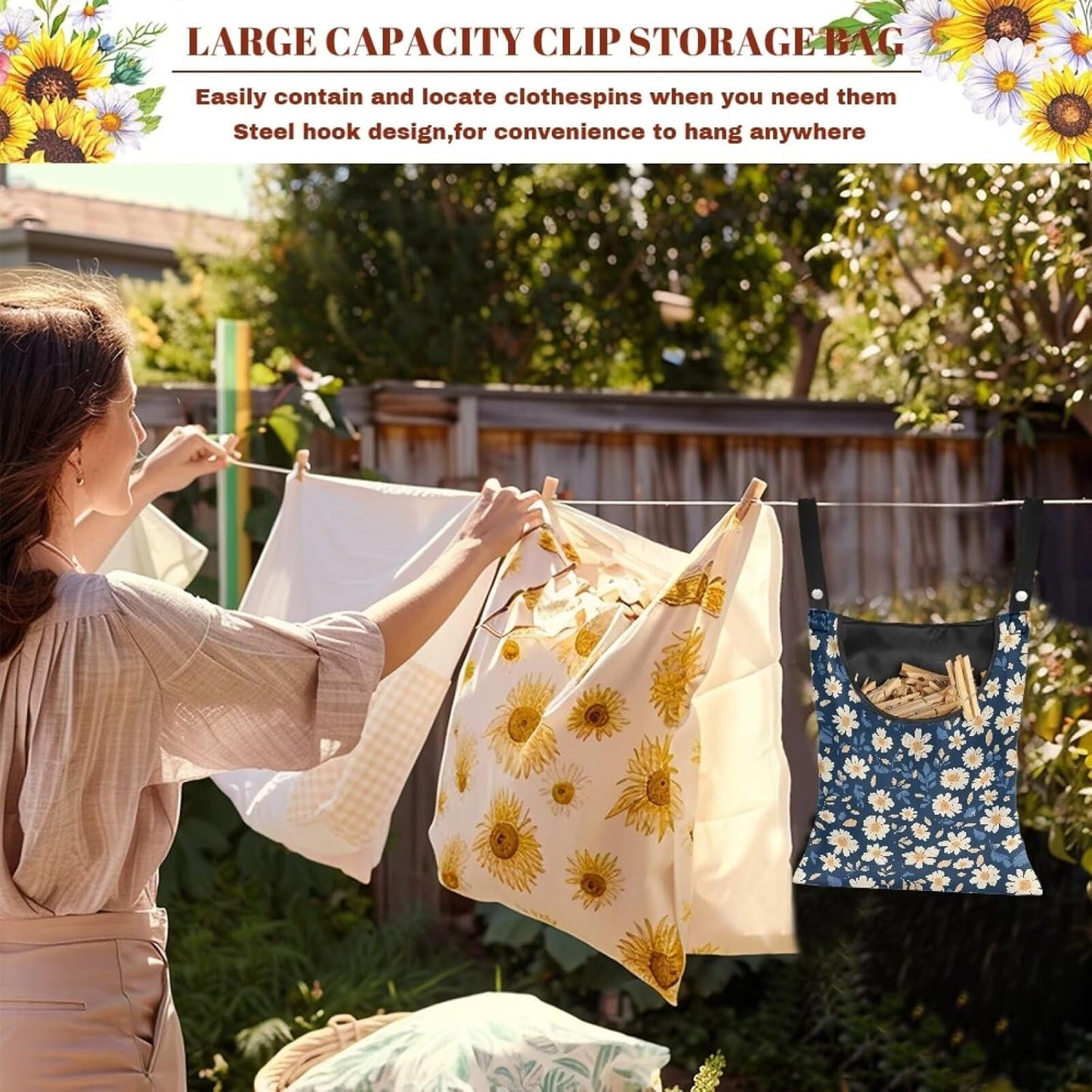 Clothes Pin Hanging Bag with Big Opening Storage Clothes Pins & Mini Clothespins, Hanging Laundry Bag Fits Retractable Clothes Line Outdoors - Daisy Print