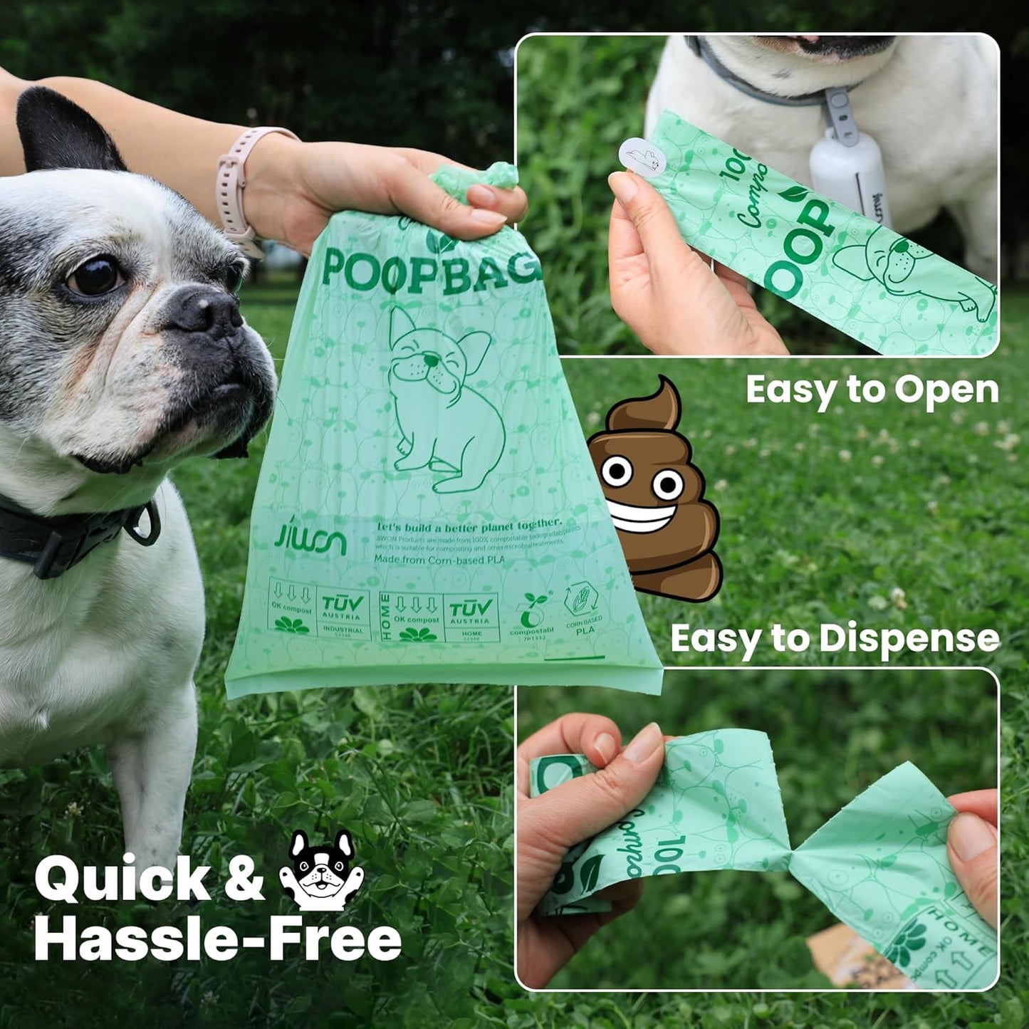 JIWON 100% Certified Home Compostable Dog Poop Bags, 120 Count (8 Rolls), 9"x13", OK Compost & Seedling, Thick & Leakproof, Plant Based Compostable Waste Bags, Unscented