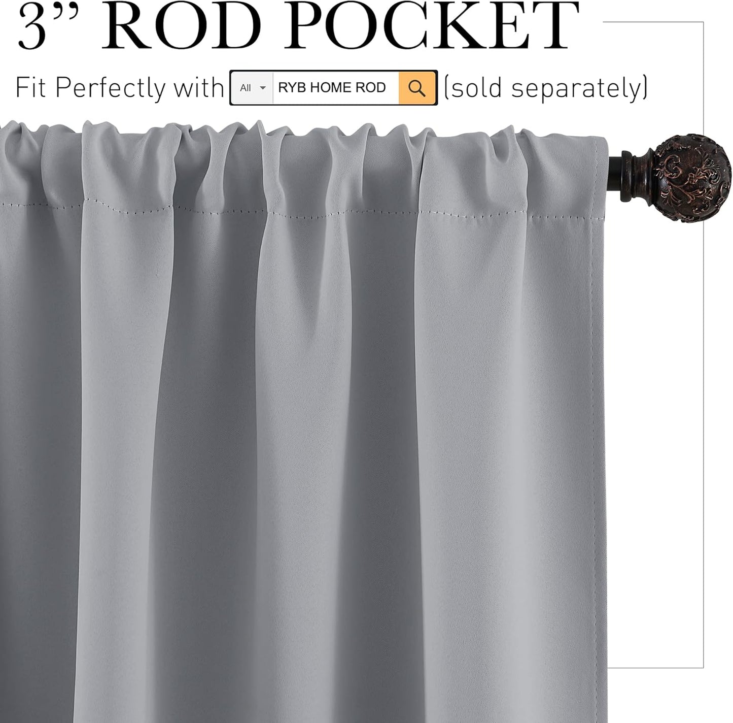 RYB HOME Blackout Curtains & Drapes - Light Block Thermal Insulated Privacy Window Covering for Bedroom Living Room Office, W 42 x L 72 inch, Silver Grey, 2 Panels
