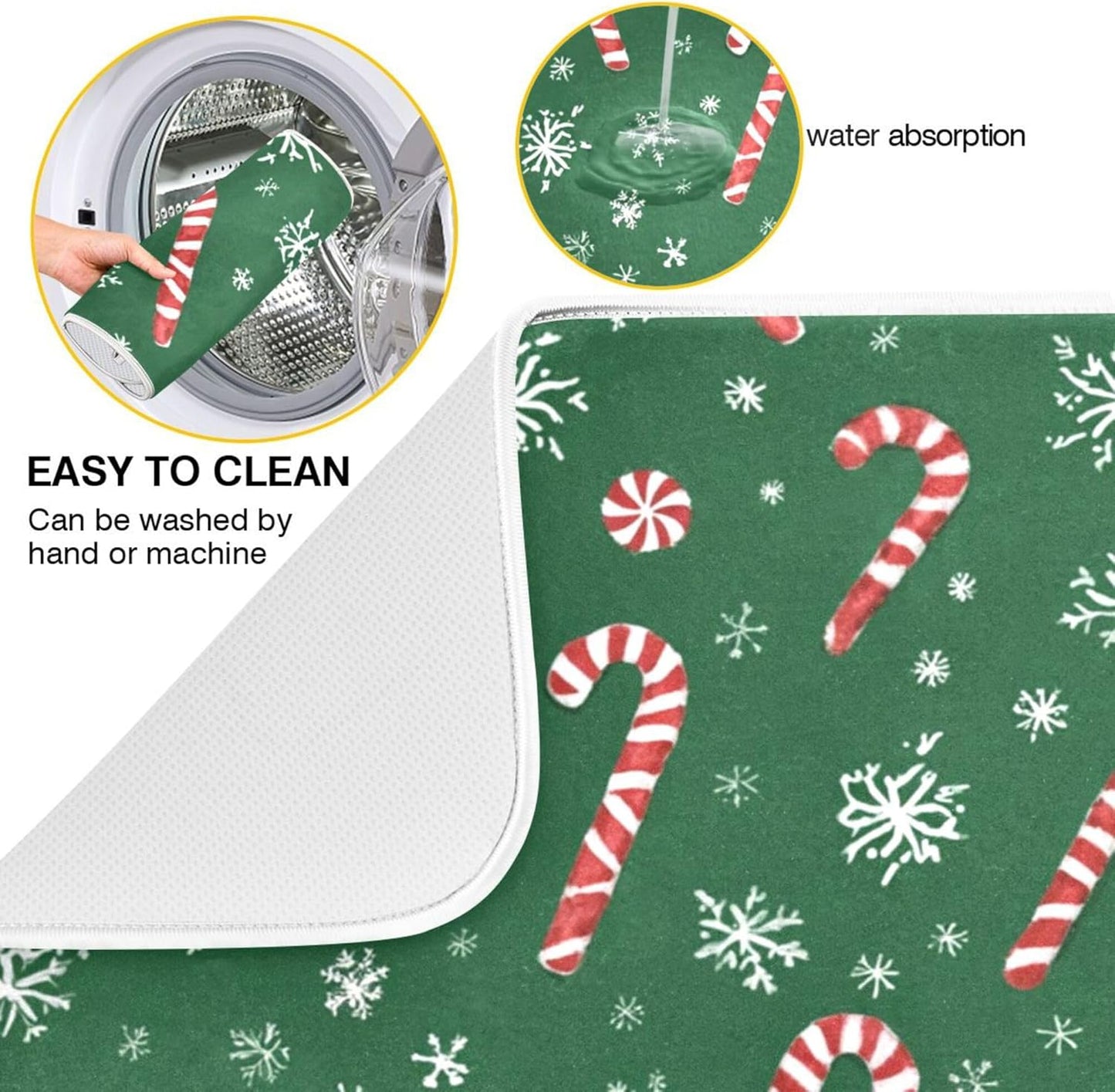 Christmas Candy Cane Dish Drying Mat for Kitchen Countertop 18x24 Winter Snowflake Green Xmas Large Drying Mat Reusable Quick Dry Dish Sink Mats Easy Clean Decorative Essentials