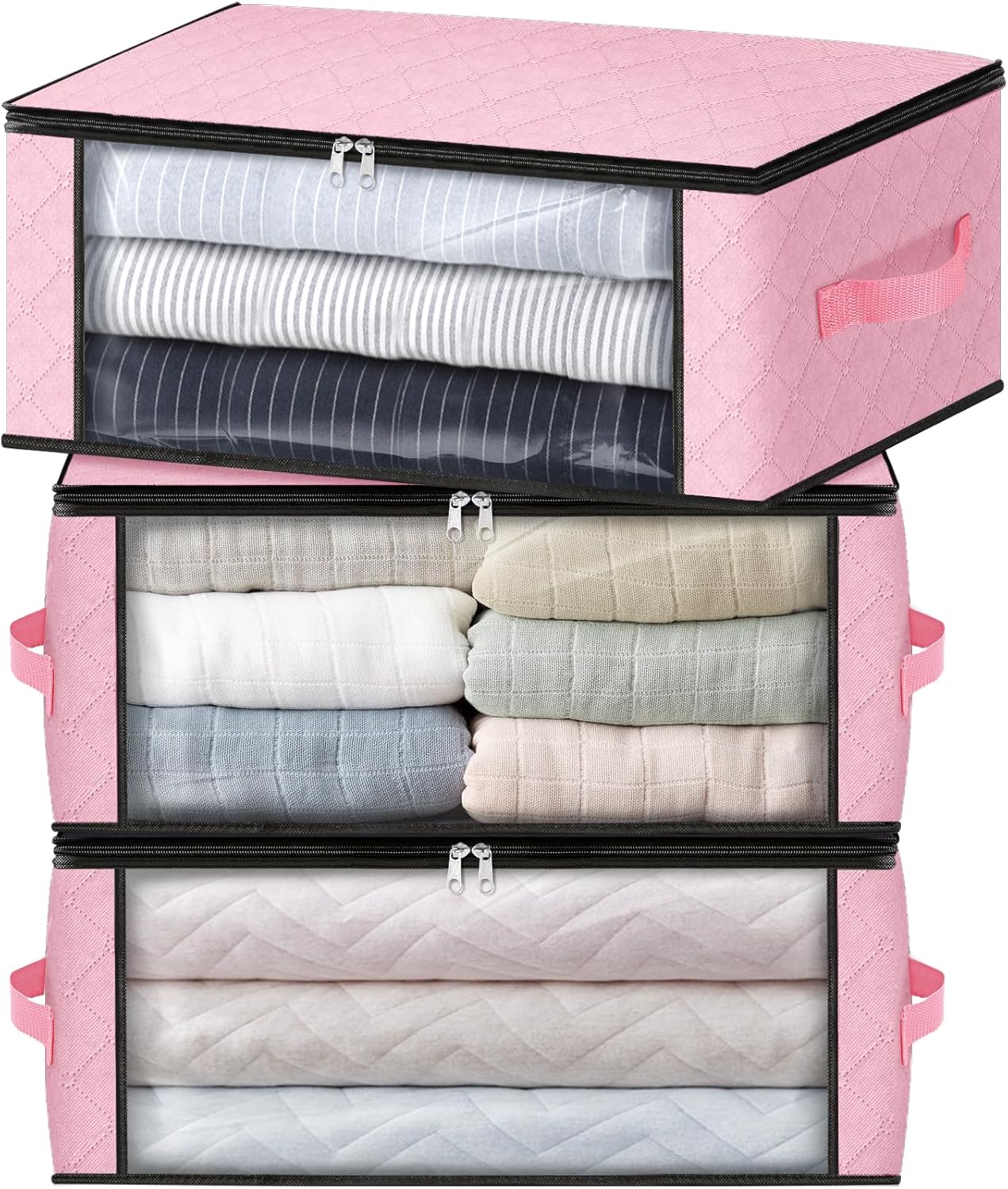 HomeHacks Storage 3-Pack Clothes Organizer Storage Bags Foldable Storage Box with Large Clear Window Sturdy Handles for Closet, Dorm, Pillows, Bedding, Clothes, Blankets, 35L, Pink