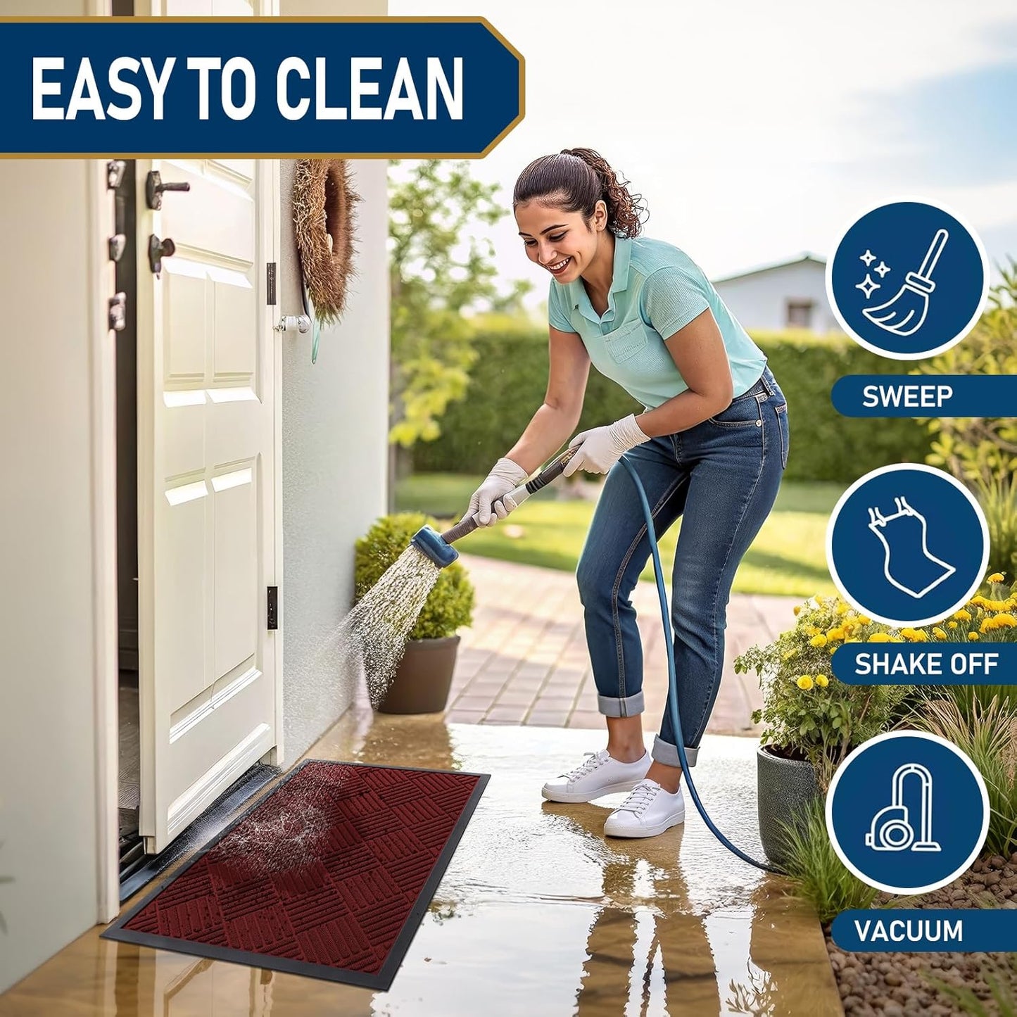 Smiry Front Door Mat Outside Entrance, Heavy Duty Outdoor Indoor Mat, Natural Rubber Doormat, Non Slip, Trap Dirt and Moisture, Easy Clean, Low Profile Patio Porch Entryway Mat, 29.5x17, Red