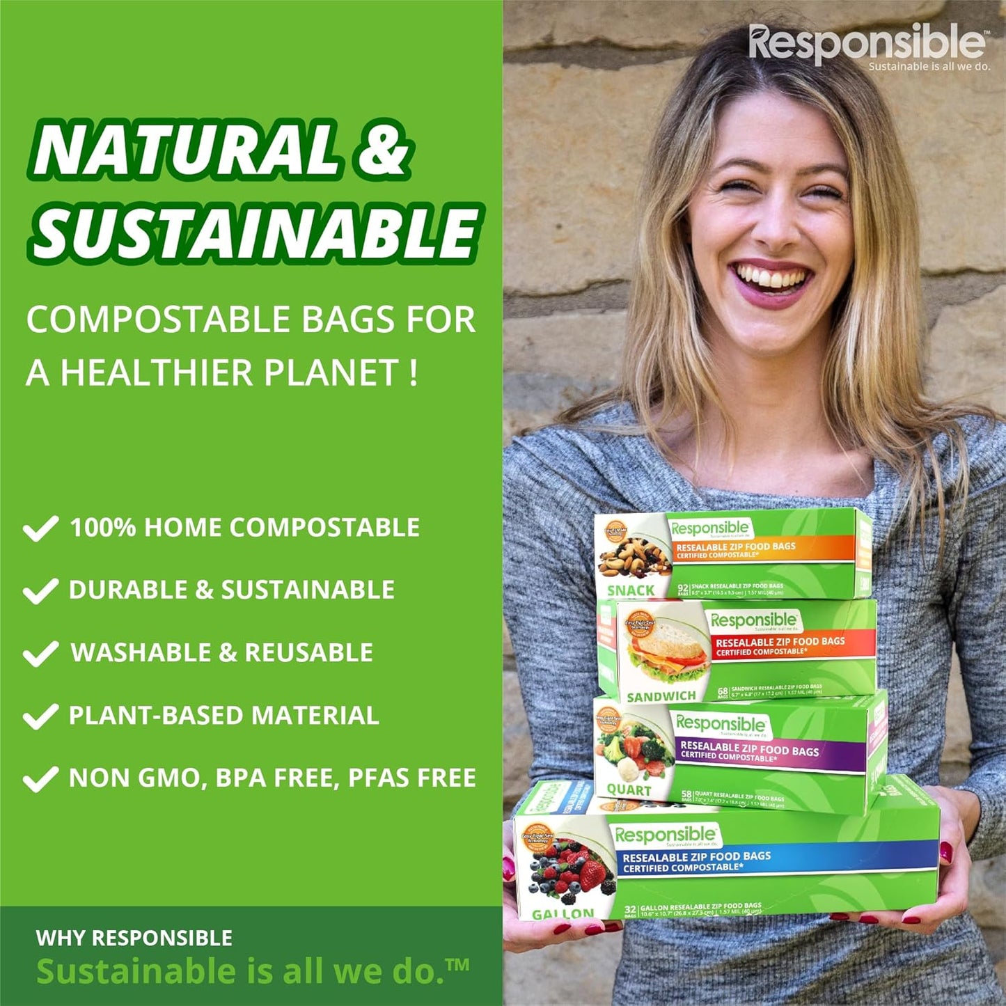 Responsible Products Certified Compostable SANDWICH Resealable Zip Bag, Extra Strength Food Bags, Made from Plant Materials (136 Pack)