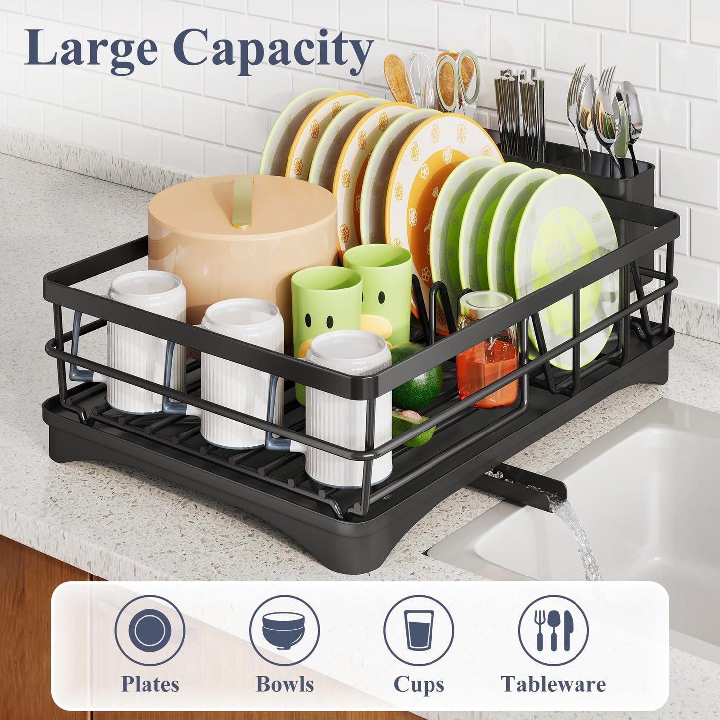 SAYZH Dish Drying Rack for Kitchen Counter with Utensil Holder, Black
