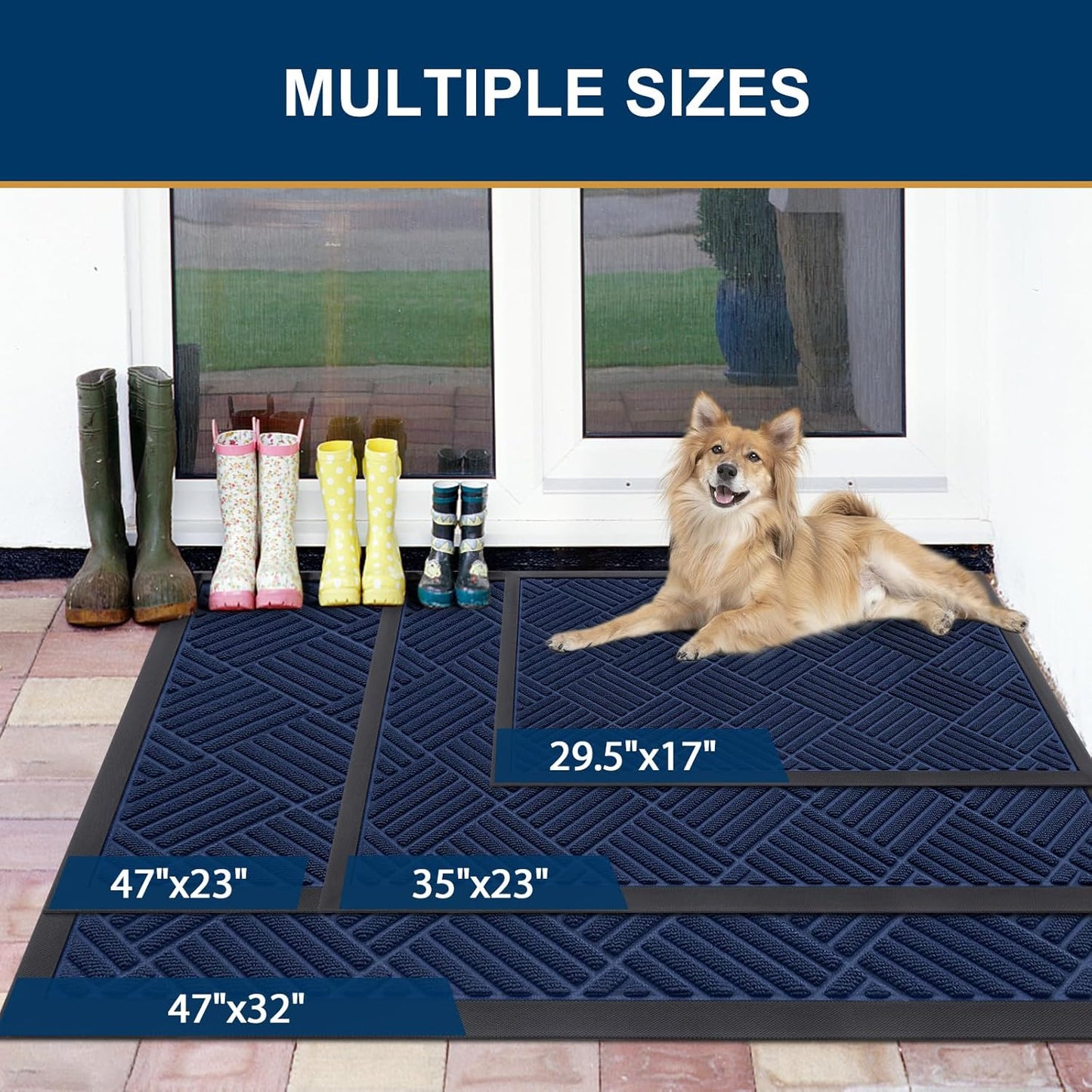 Smiry Front Door Mat Outside Entrance, Heavy Duty Outdoor Indoor Natural Rubber Doormat, Non Slip, Trap Dirt and Moisture, Easy Clean, Low Profile Patio Porch Entryway Mat, 59x35, Navy Blue