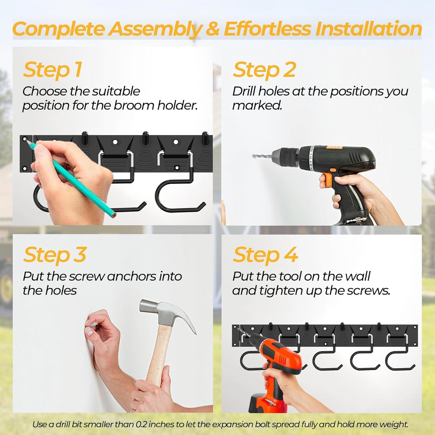 51 Inch Garden Tool Organizer Wall Mount with Non Slip Rubber Coated Metal Hooks, Storage Rack for Indoor/Outdoor Shovel, Rake, Mop and Broom Holder Wall Mount （ 15 Hooks+15 Holders