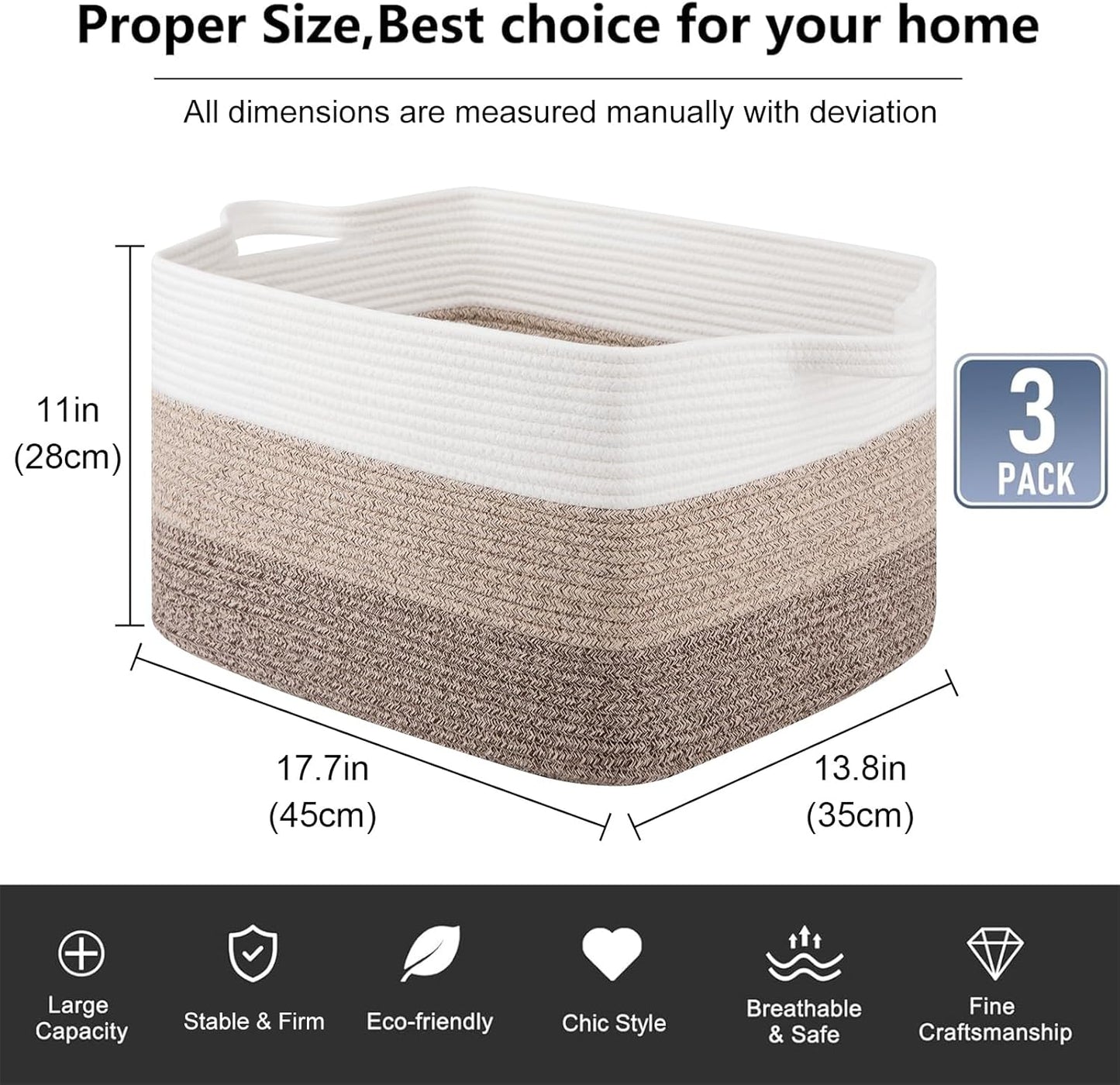 OIAHOMY Rectangle Woven Storage Basket - Nursery Cotton Rope Baskets for Storage, Toy Basket Organizing for Living Room, 17.7"x13.8"x11"- Pack of 3 - Gradient Yellow