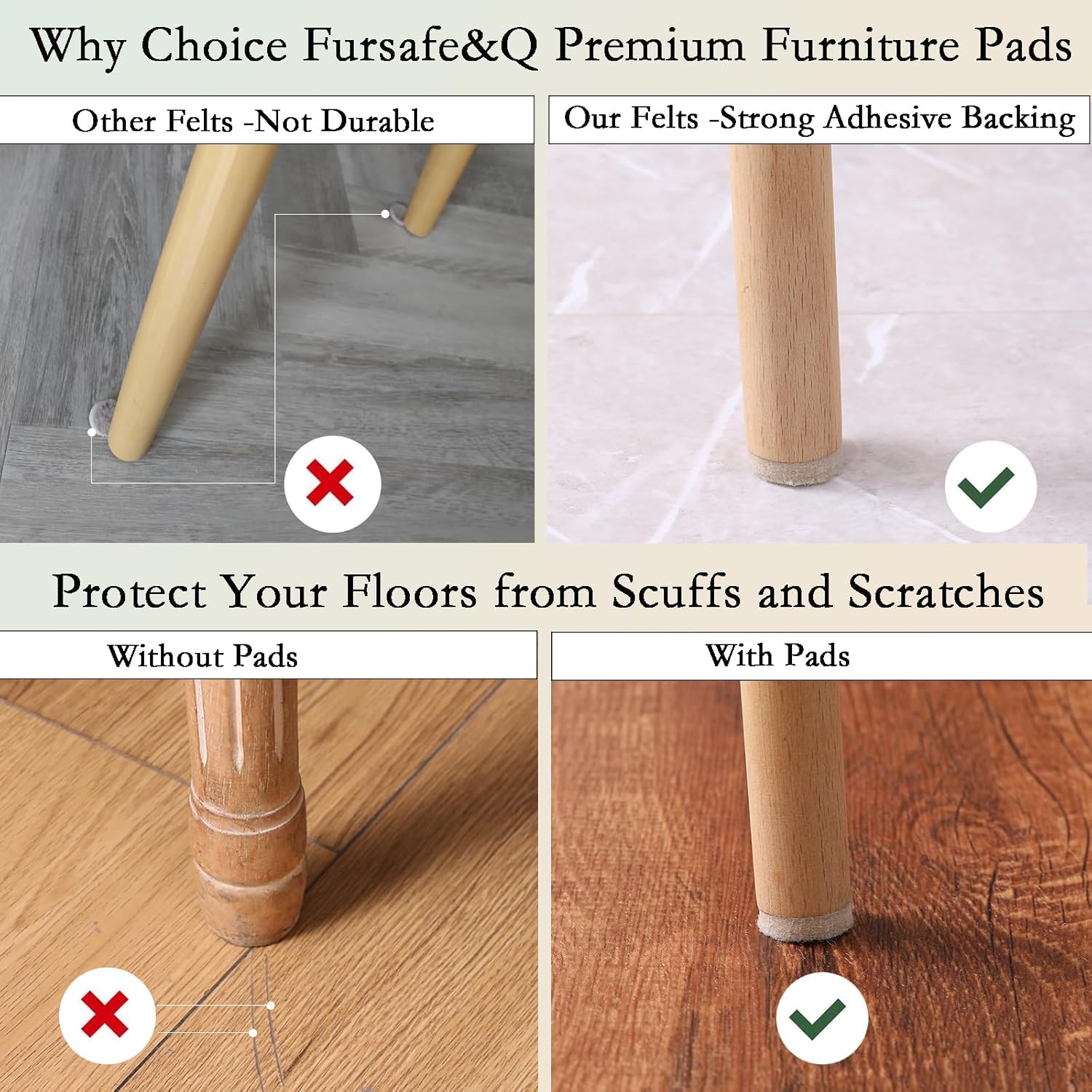 Fursafe&Q Felt Furniture Pads for Hardwood Floors - Self Adhesive Chair Felt Pad, Furniture Feet