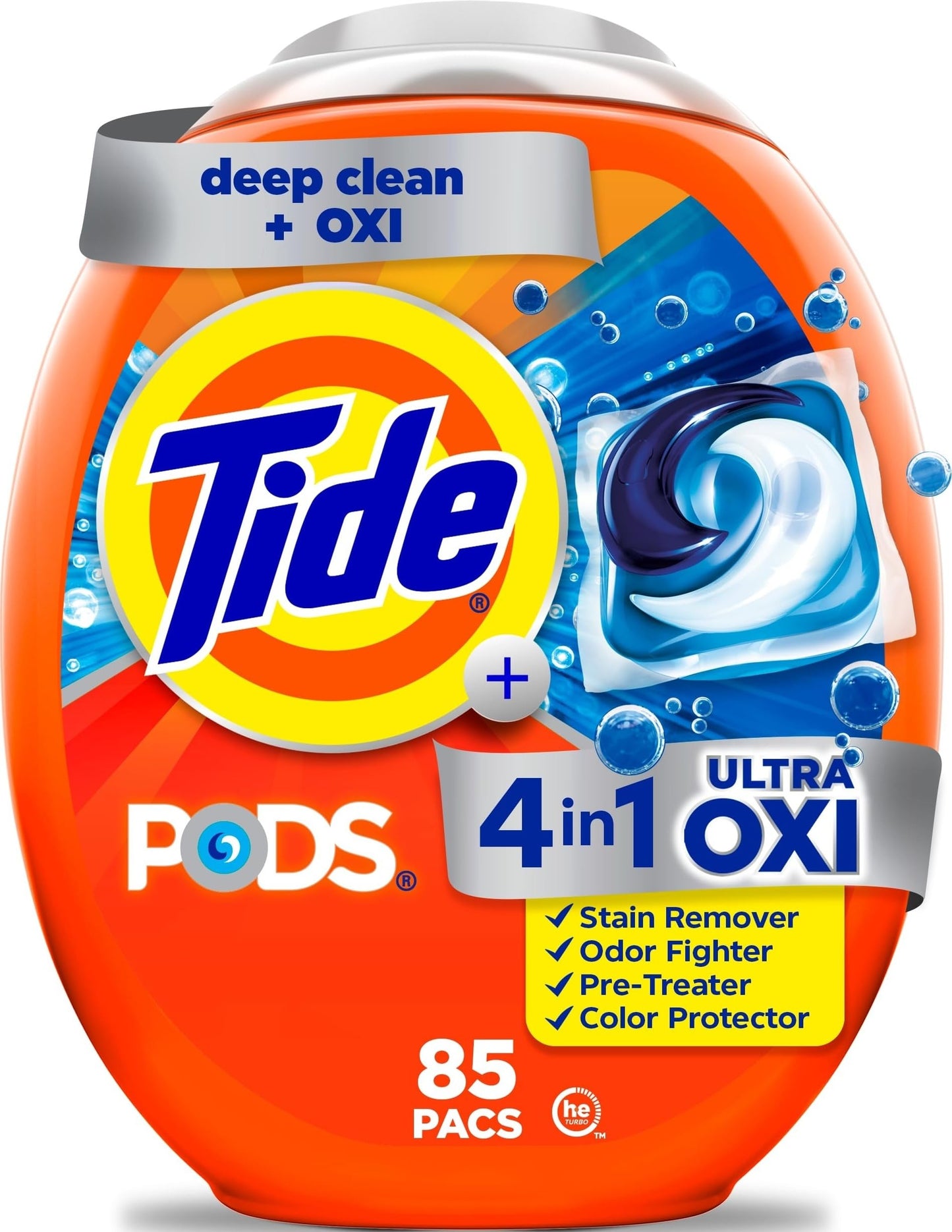 Tide 4-in-1 Ultra Oxi PODS Laundry Detergent Pacs, 85 Count, HE Compatible, Built in Pre-treater