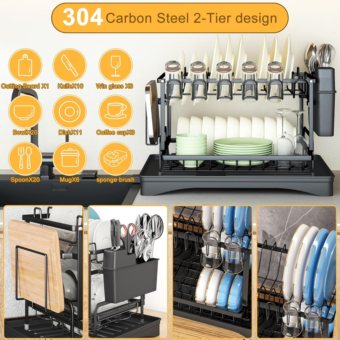 Dish Drying Rack-Dish Rack for Kitchen Counter, 2-Tier Kitchen Organizers and Storage Rack with Drainboard and Cutlery Holder, Large 1 Pack Carbon Steel