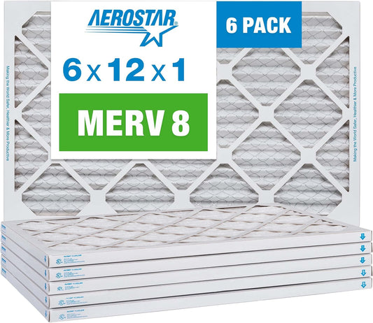 Aerostar 6x12x1 MERV 8 Pleated Air Filter, AC Furnace Air Filter, 6 Pack (Actual Size: 6" x 12" x
