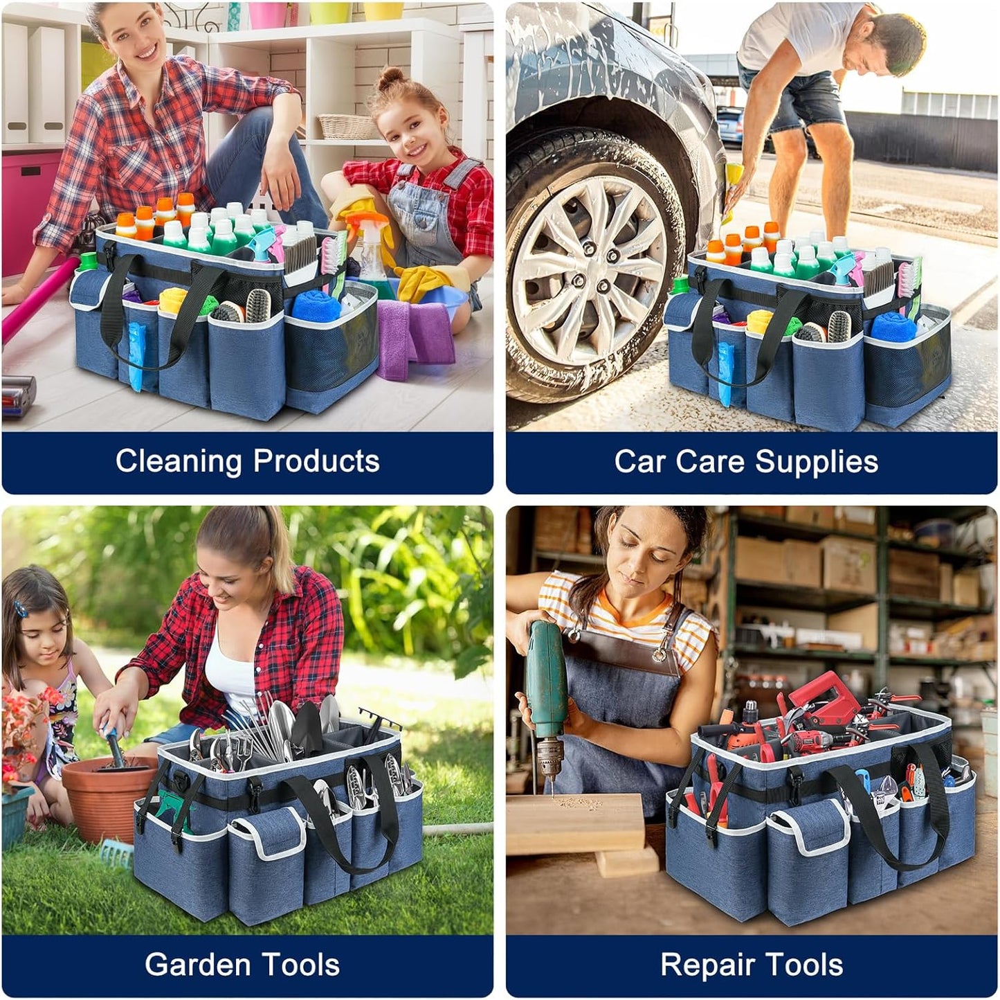 Cleaning Caddy Bag,Extra Large Cleaning Supplies Organizer with Handle for Housekeepers,Blue