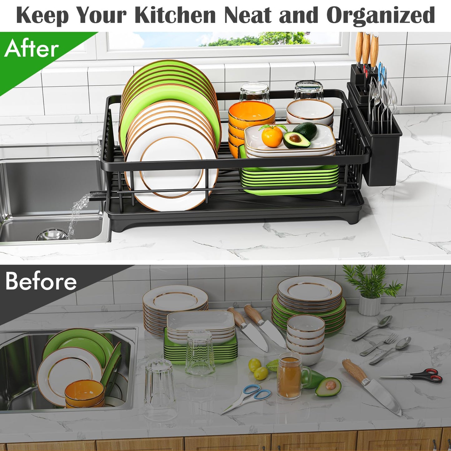 Kmiectse Dish Drying Rack for Small Kitchen Counter with Utensil Holder