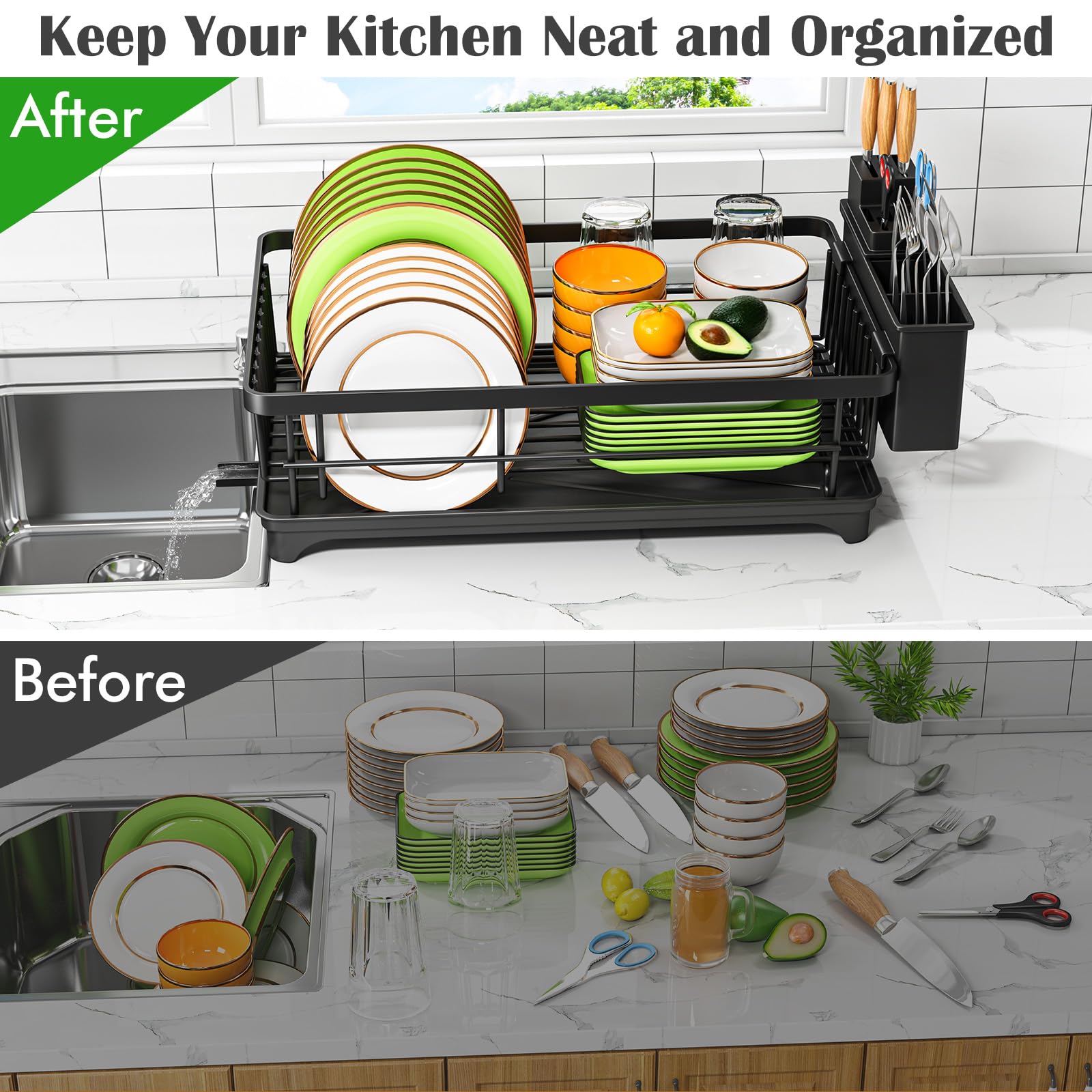 Kmiectse Dish Drying Rack for Small Kitchen Counter with Utensil Holder