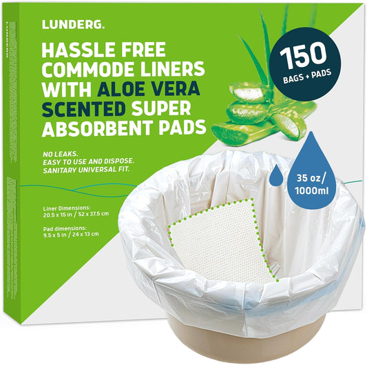 Lunderg Commode Liners with Absorbent Pads - Aloe Scent Medical Grade 150 Count Universal Fit - Disposable Bedside Commode Liners and Pads for Adult Chairs, Portable Buckets & Camping Toilet Bags