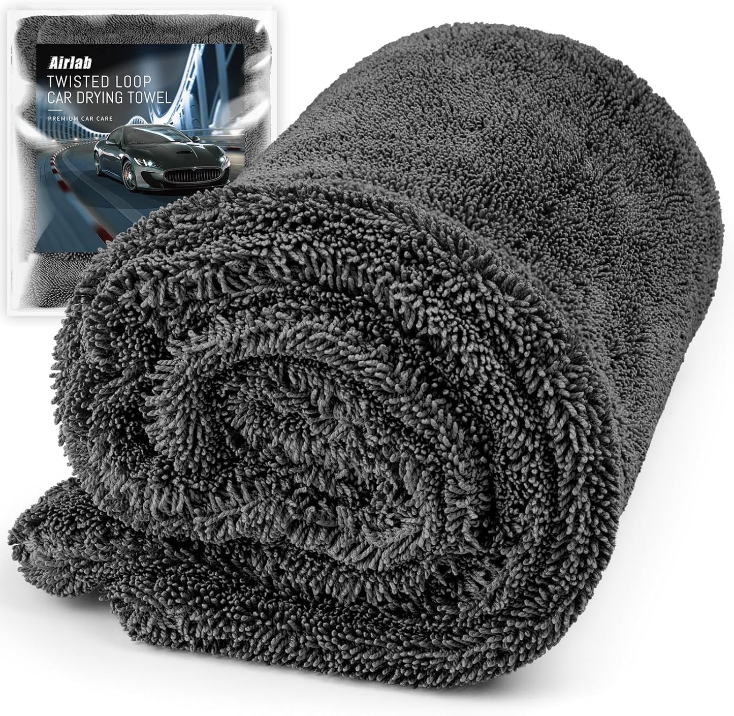 Airlab Car Drying Towel Microfiber Towels for Cars 1200 GSM Wash Auto Detailing Supplies Twist Pile Cleaning Cloth Absorbent Quick Dry Soft Loop Dry Flash Towel, 24 x 16 Inch, Pack of 1, Grey