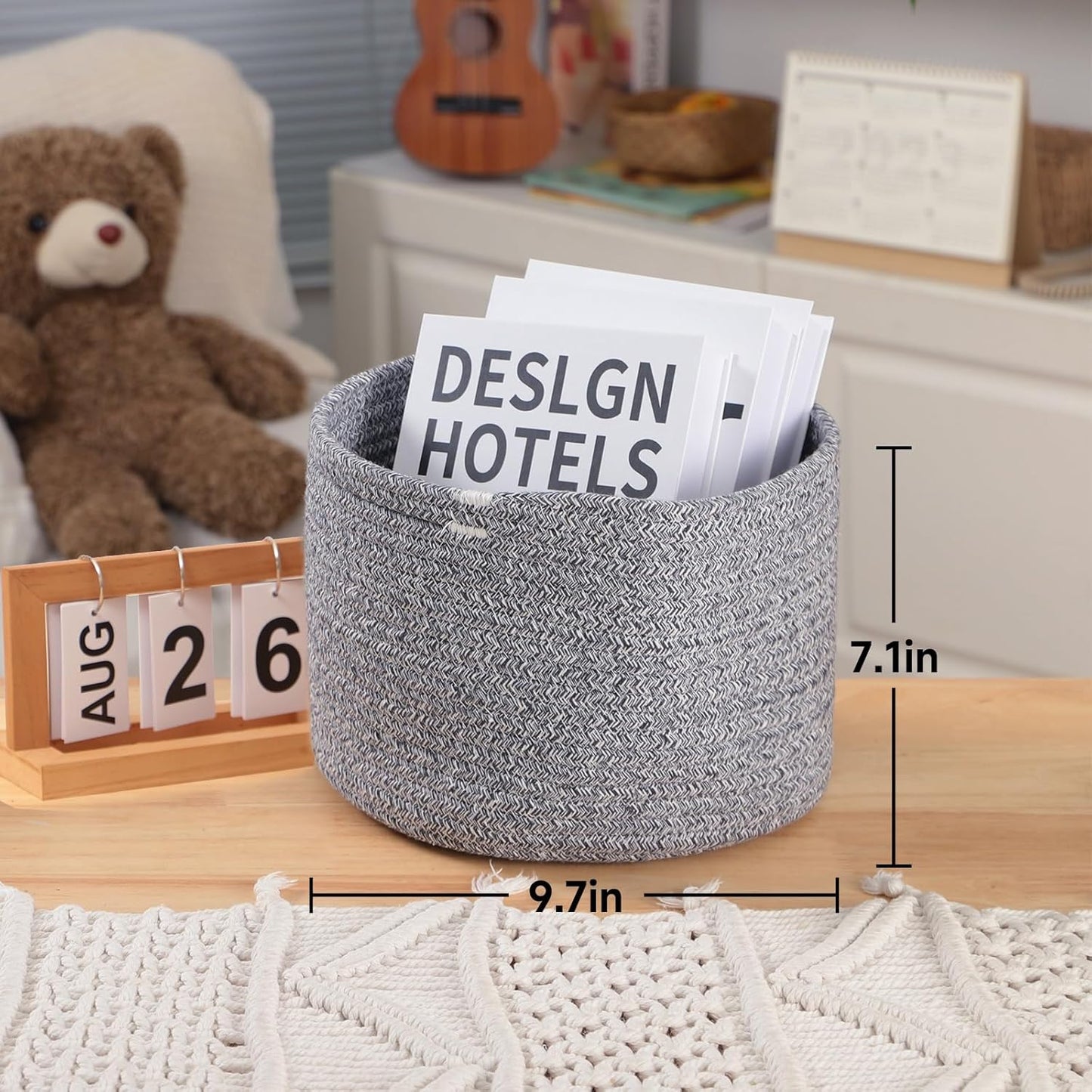 Small Basket for Organizing | Cube Shelf Closet Storage Baskets | 9.7×9.7×7.1” | Woven Rope Gift Basket | Nursery | Round 3 Packs Mixed Grey