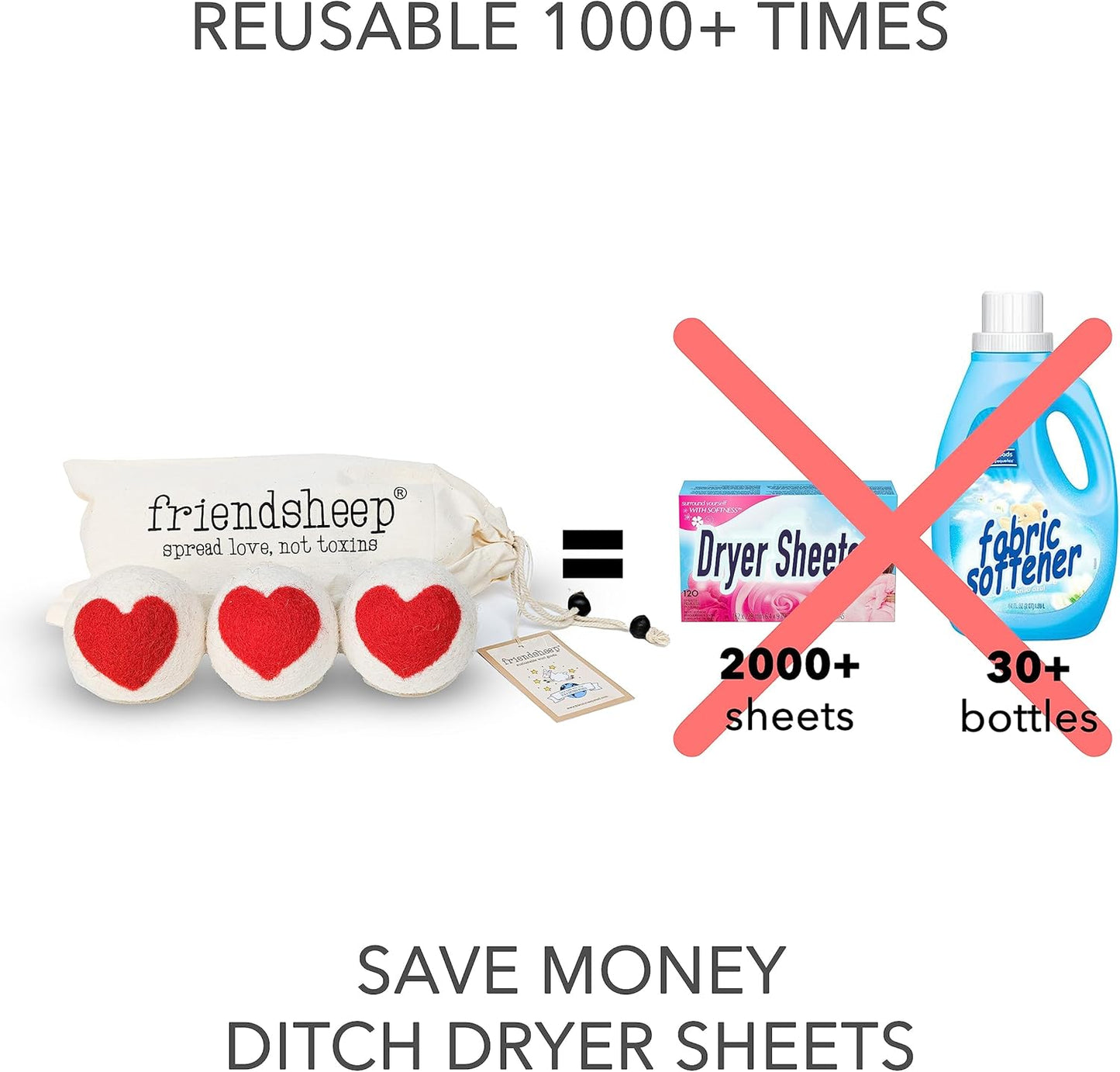 Friendsheep Wool Dryer Balls, Organic Reusable Fabric Softener Alternative for Laundry, Handmade, Fair Trade, Hypoallergenic, Eco-Friendly, Plastic-Free (3 Pack XL – Red Heart)