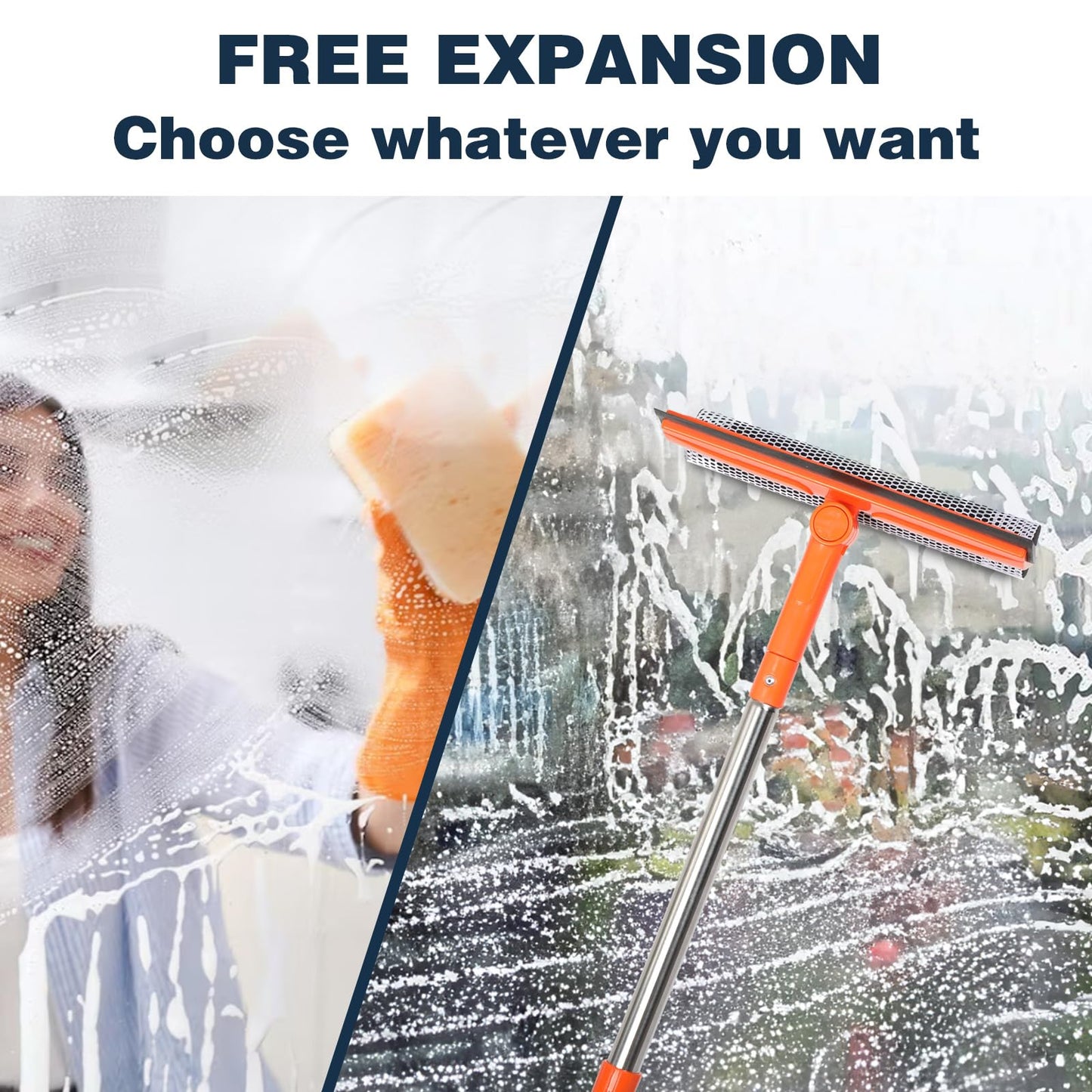 Professional Window Squeegee,2 in 1 Squeegee Window Cleaner with Long Stainless Steel Handle,Sponge