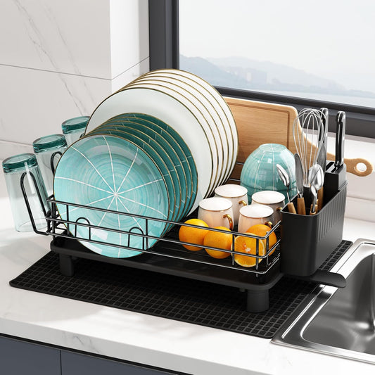 JASIWAY Black Stainless Steel Dish Drainers Drying Rack for Kitchen Counter with Drainboard Set, Rust Proof Metal, Space Saving, Modern Aesthetic, Compact Plates Strainers with Extra Mat