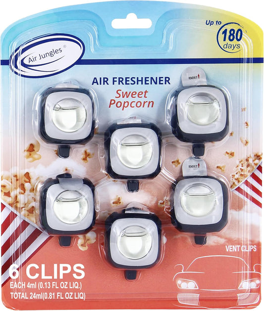 Air Jungles Sweet Popcorn Scent Car Air Freshener Clip, 6 Vent Clips, 4ml Each, Long Lasting Air Freshener, Up to 180 Days Car Refresher Odor Eliminator