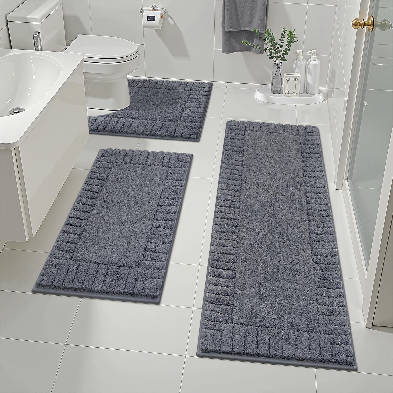 Pauwer Bathroom Rugs Sets 3 Piece, Microfiber Bath Mat Set, Dark Grey
