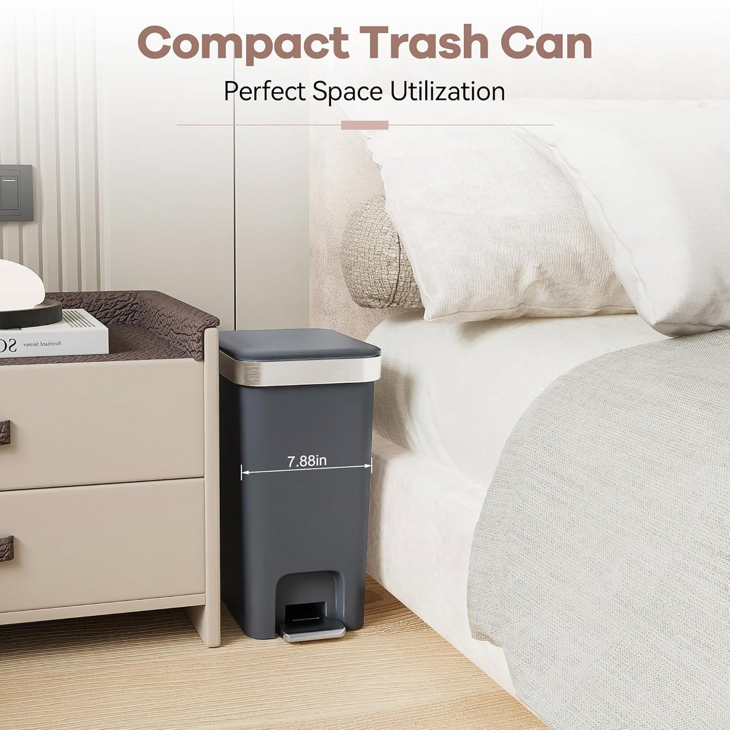 Small Bathroom Trash Can with Lid Soft Close, 10 Liter/2.6 Gallon Slim Garbage Can-Metal Step and Press top Lid, Mini Modern Waste Basket for Toilet, Office, Bedroom,Dorm,Dark Gray