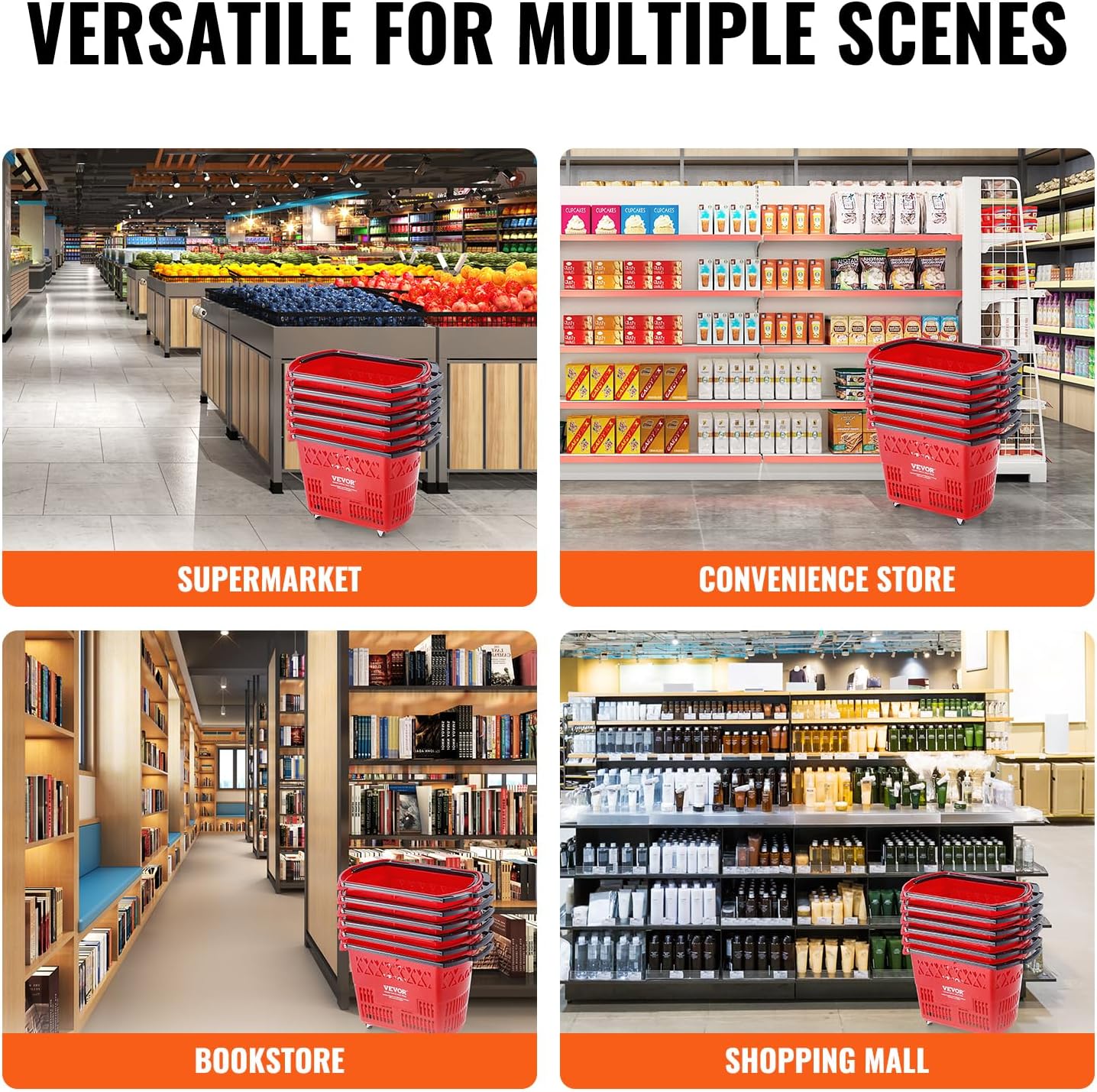 VEVOR Shopping Carts with Handles, 6PCS, 39L Plastic Rolling Shopping Basket with Wheels, Large Portable Shopping Basket Set for Supermarkets, Retail Stores, Grocery Shopping, Red