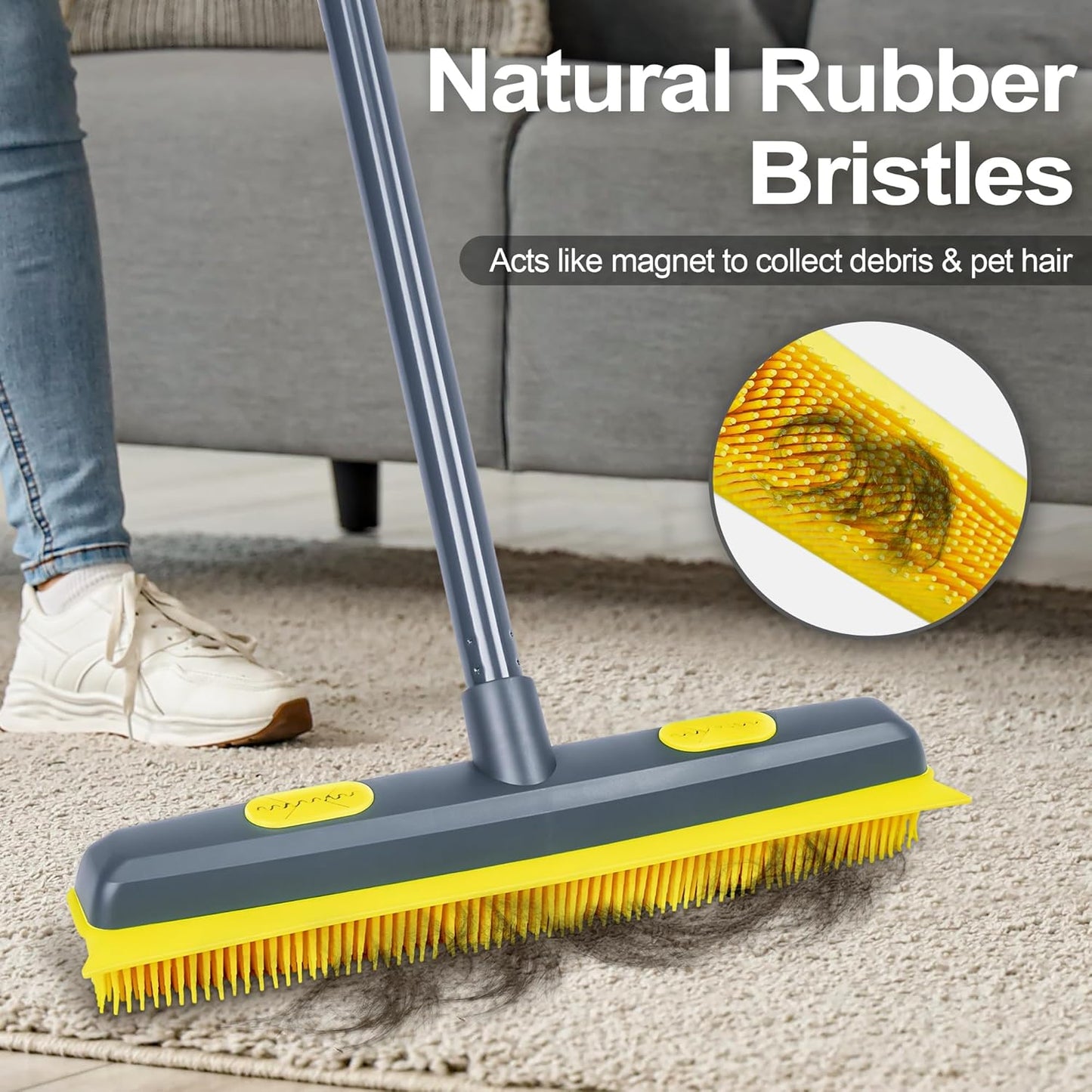 NEWE Rubber Pet Hair Removal Broom with Lint Fur Remover Tool, 57.5 inches Long Handle Silicone Carpet Brush Rake with Built-in Squeegee for Cleaning Rug, Tile, Floor (Gray Yellow)