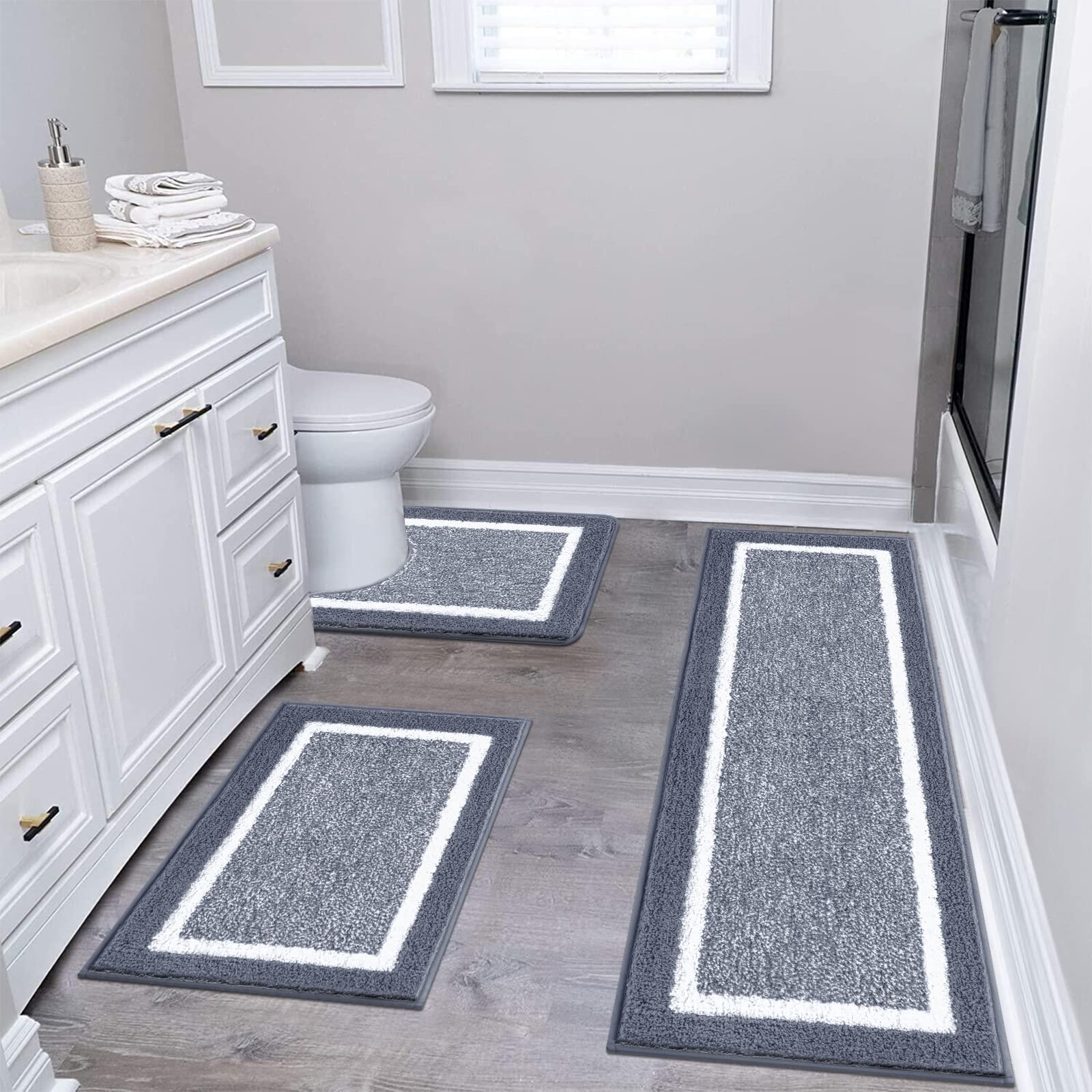 Pauwer Bathroom Rugs 3 Piece Set, Non Slip Washable Bath Mat, Dark Grey