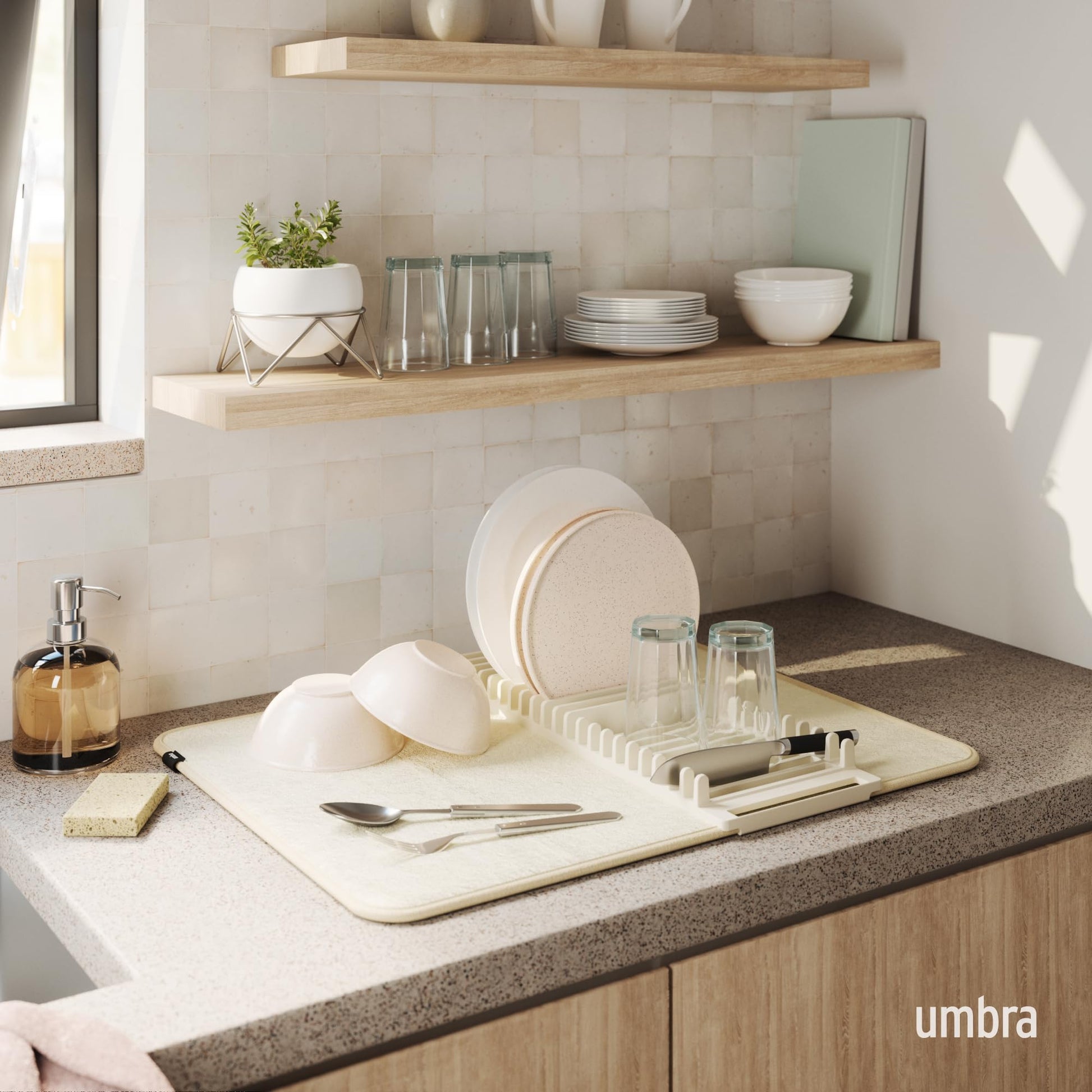 Umbra Udry Dish Drying Rack with Mat, Folds Flat for Storage, Linen