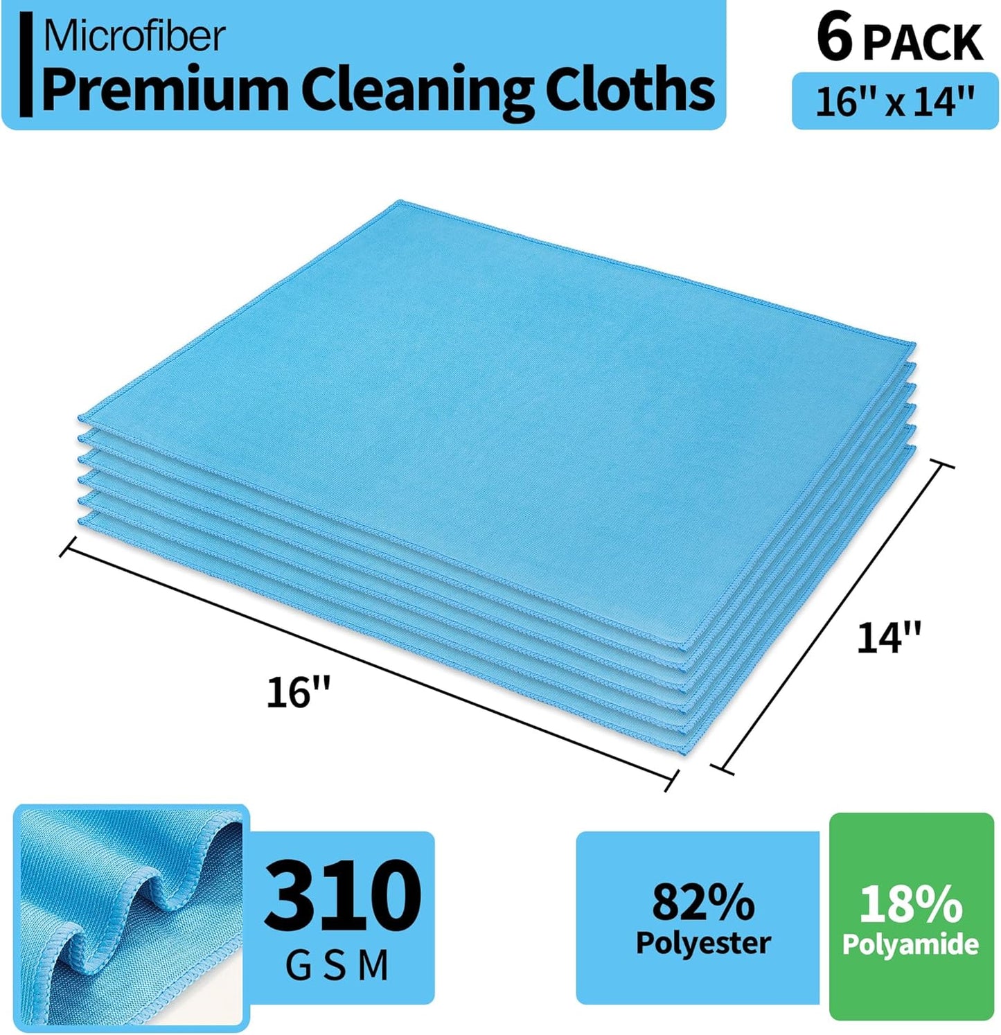 HOMERHYME Microfiber Glass Cleaning Cloth, 6 Pack Window Glass Cleaning Rags, Reusable Lint-Free Streak Free Polishing Cloth Wipes for Stainless Steel, Eyeglasses, Mirrors, Screens & Lenses,16"x14"
