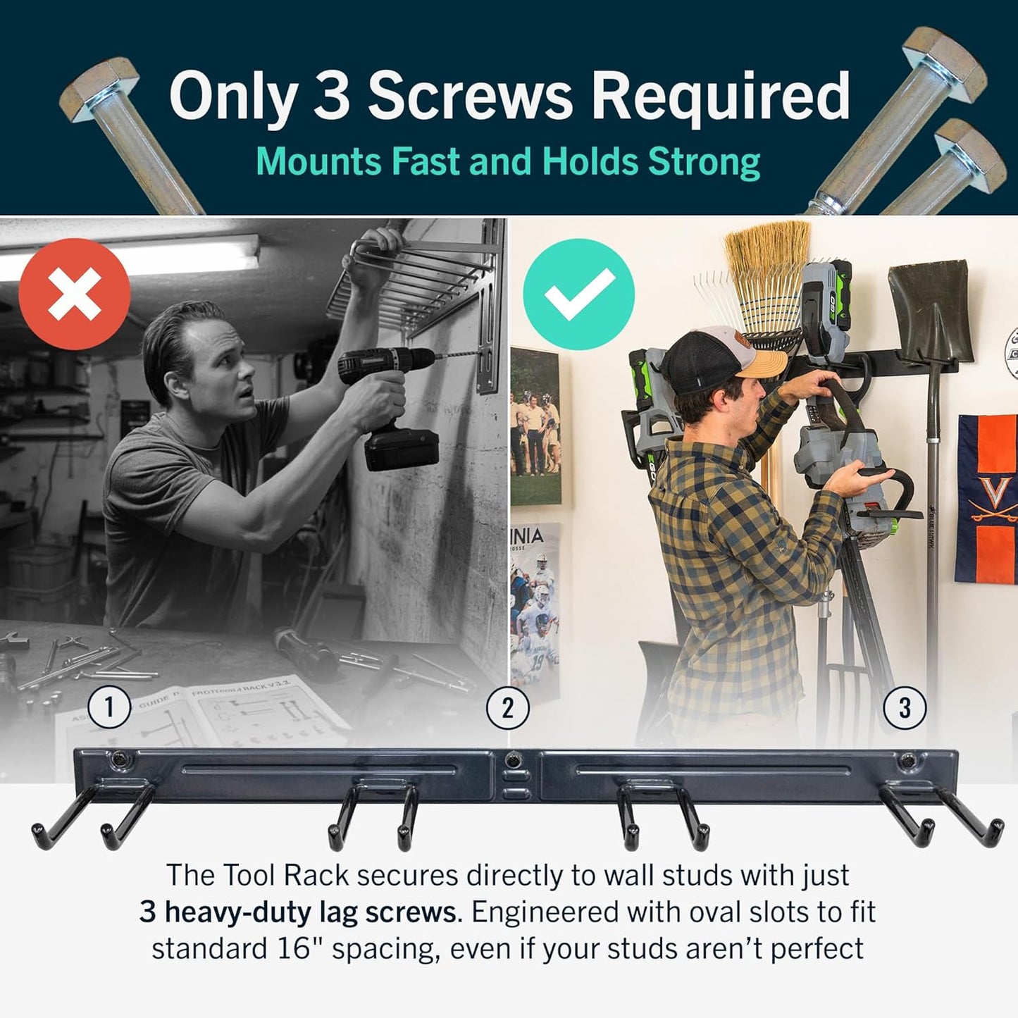 StoreYourBoard Wall-Mounted Rack With 4 Garage Hooks – Heavy-Duty Steel Holder Garage & Garden Storage for Shed, Workshop, or Home Organization – For Rakes, Shovels, Tools & More – 1 Pack, Mud