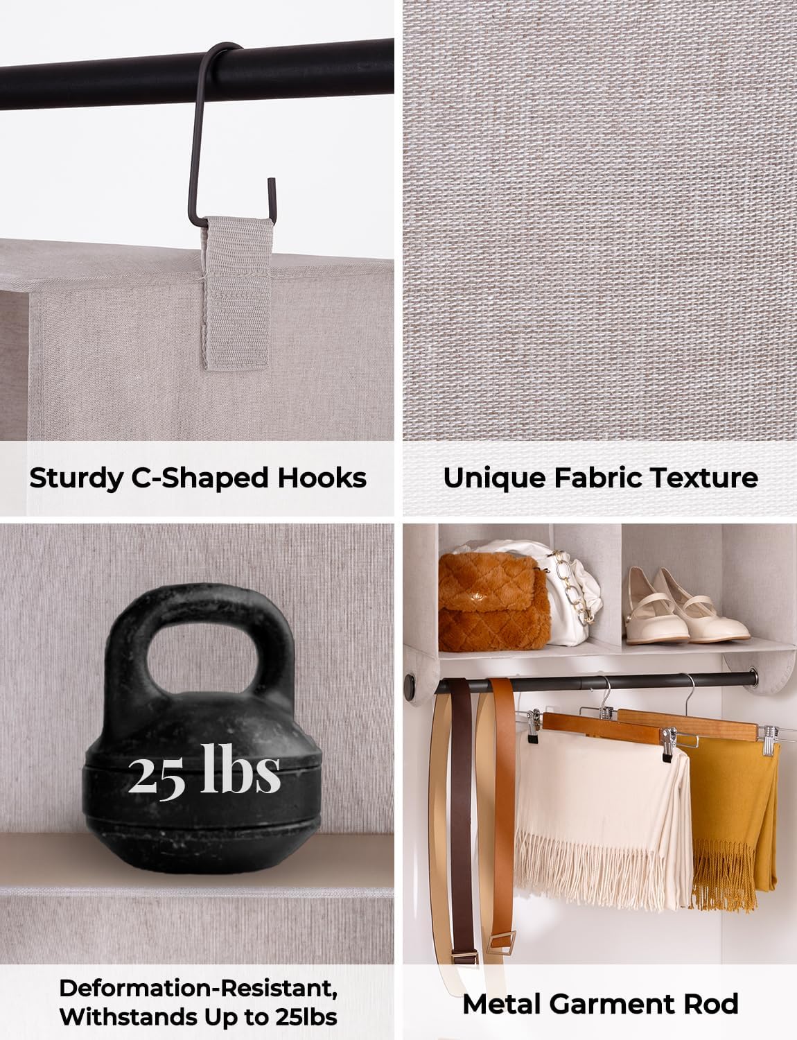 StorageWorks Hanging Closet Organizer with Metal Rod, 6-Section Closet Organizers and Storage, Collapsible Hanging Shelves for Wardrobe Organizer, Nursery, Bedroom, Light Khaki